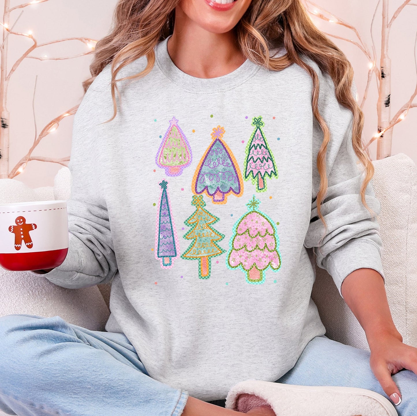 Light Ash Gray Colorful Christmas Tree, Pastels, Retro, Drawn Sweatshirt