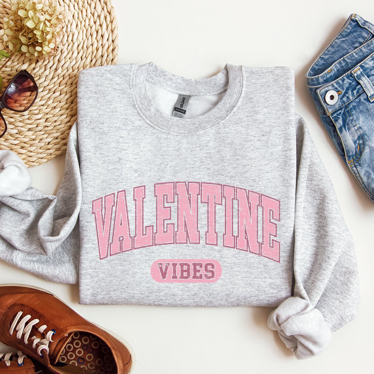 Light ash gray Valentine Vibes College Style Sweatshirt – Cute Valentine Crewneck