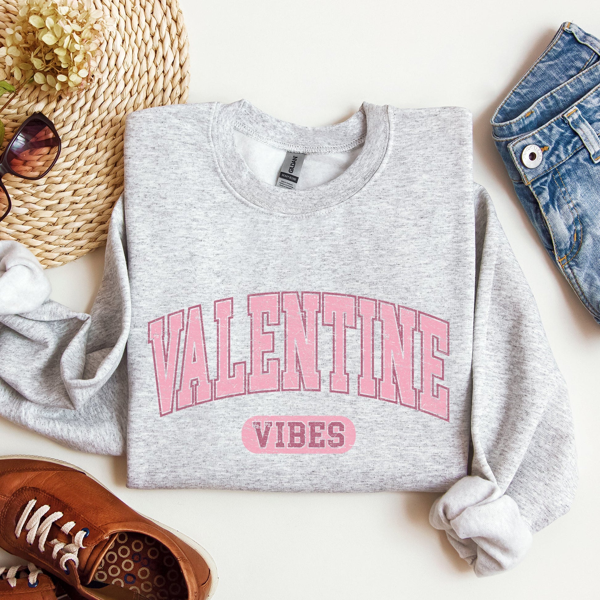 Light ash gray Valentine Vibes College Style Sweatshirt – Cute Valentine Crewneck