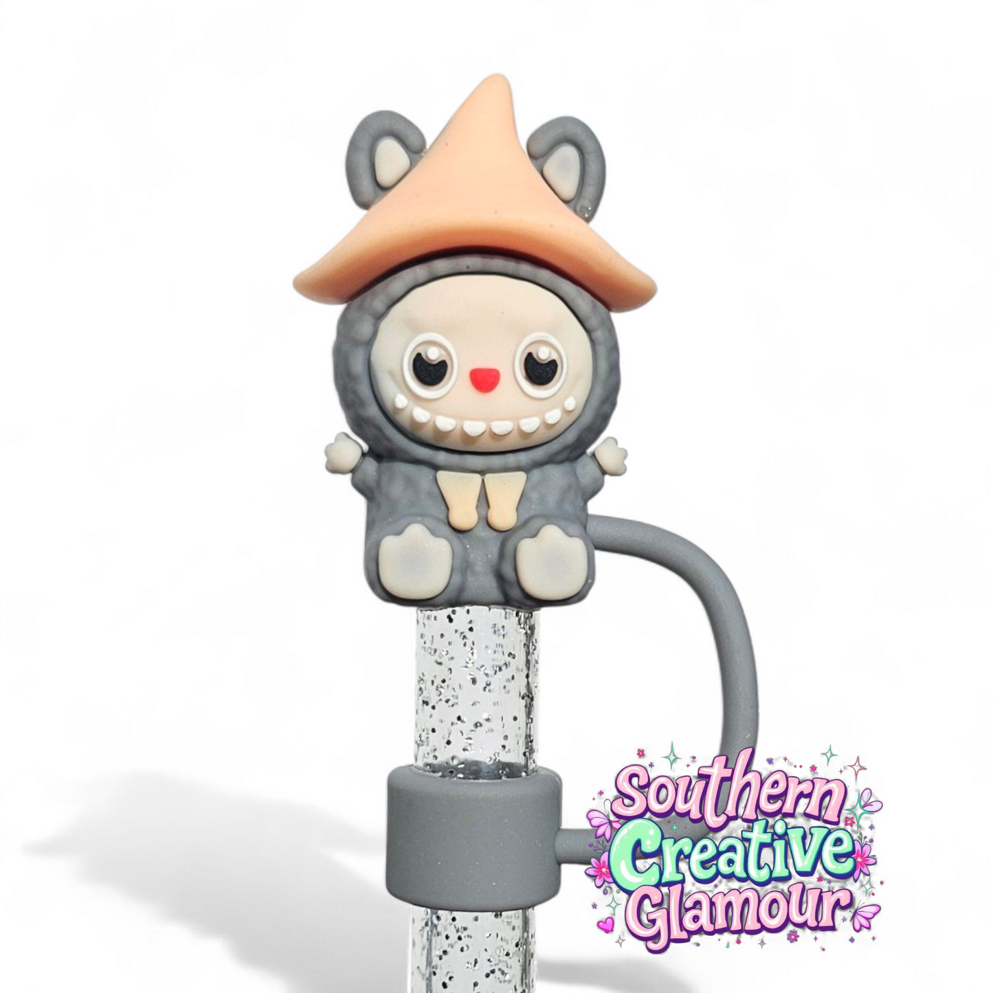 Gray Labubu inspired 10mm Straw Toppers by Southern Creative Glamour 