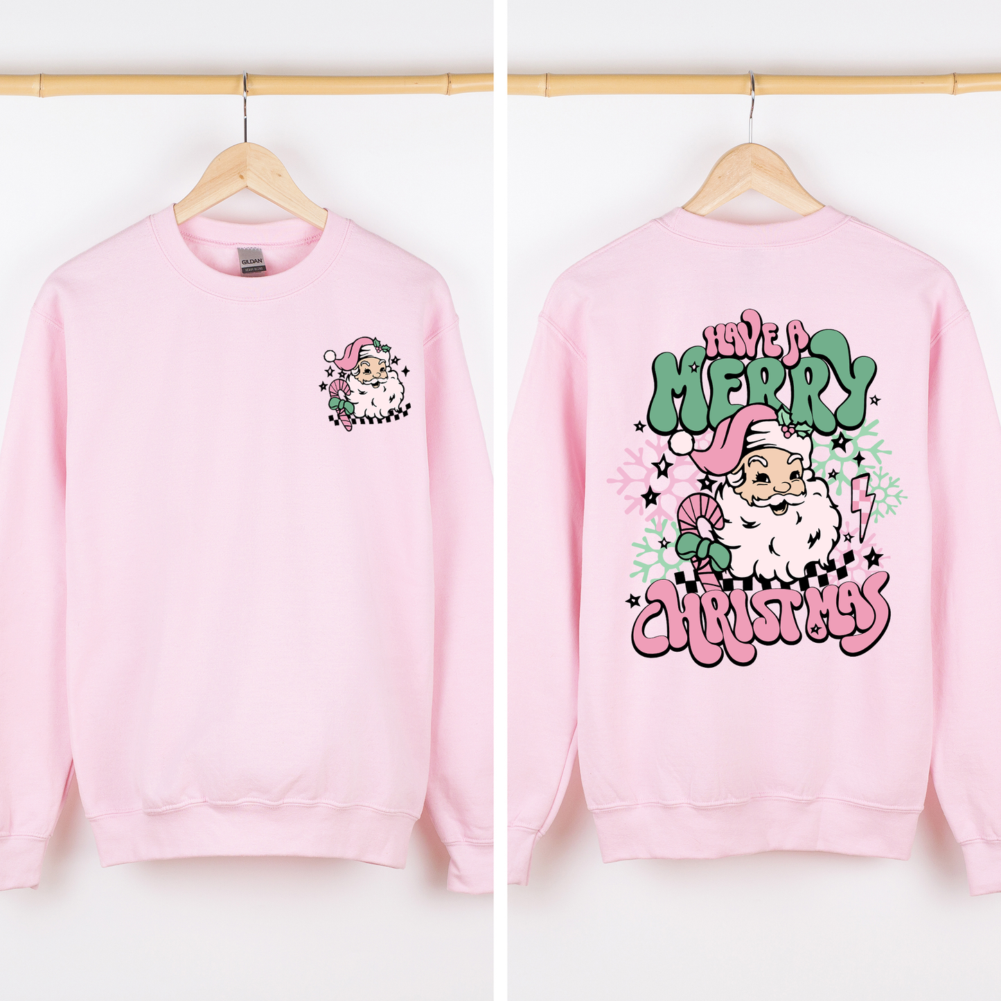 Light Pink Have A Merry Christmas, Retro, Front and Back, Santa, Trendy Sweatshirt