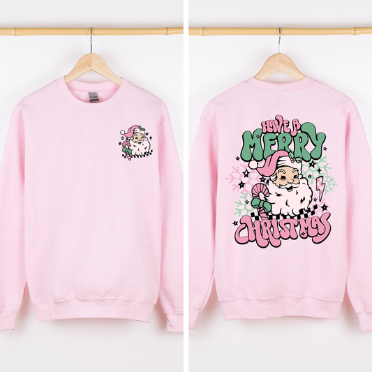 Light Pink Have A Merry Christmas, Retro, Front and Back, Santa, Trendy Sweatshirt