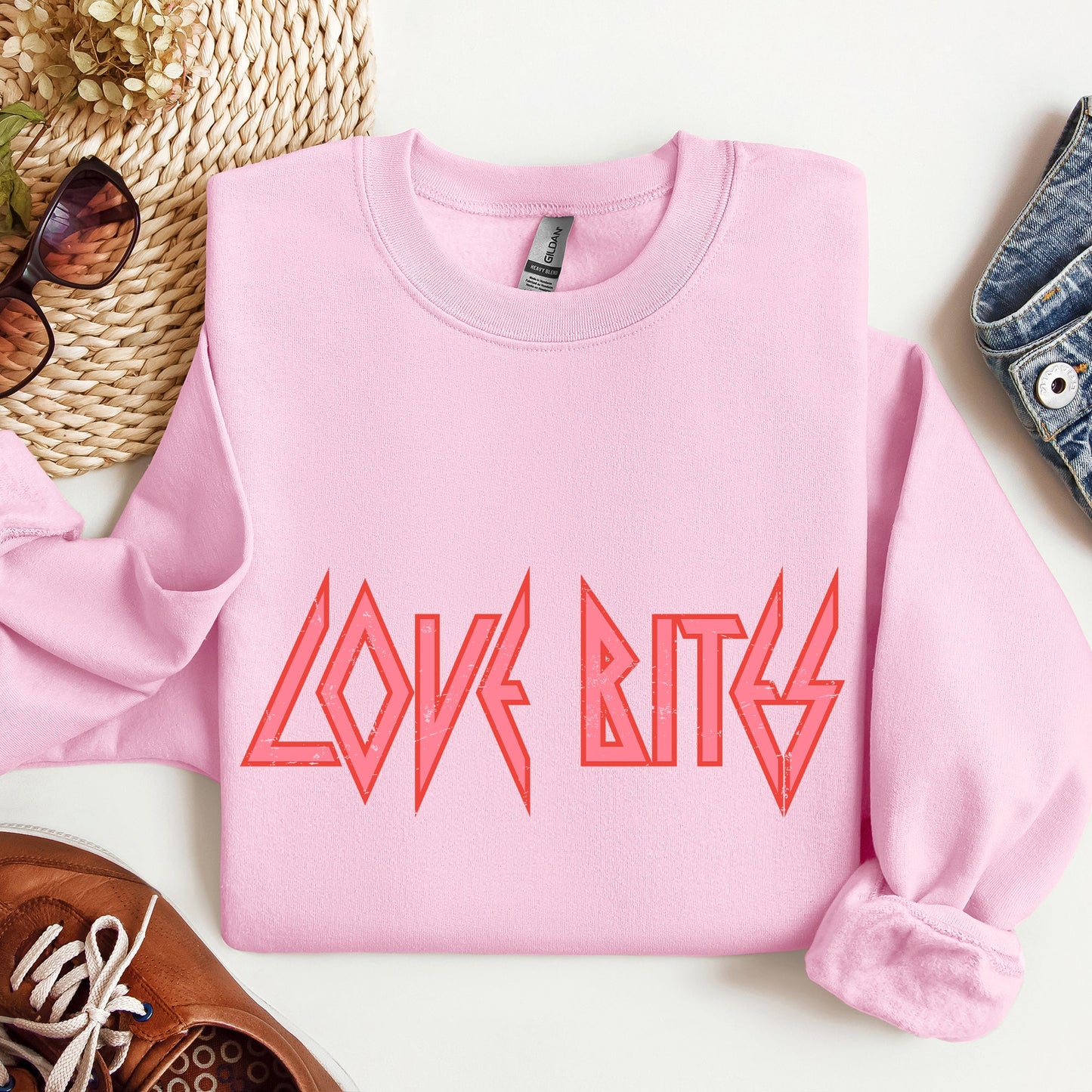 Light Pink Love Bites Rock Sweatshirt – Retro 80s Valentine’s Day Music Lover Crewneck