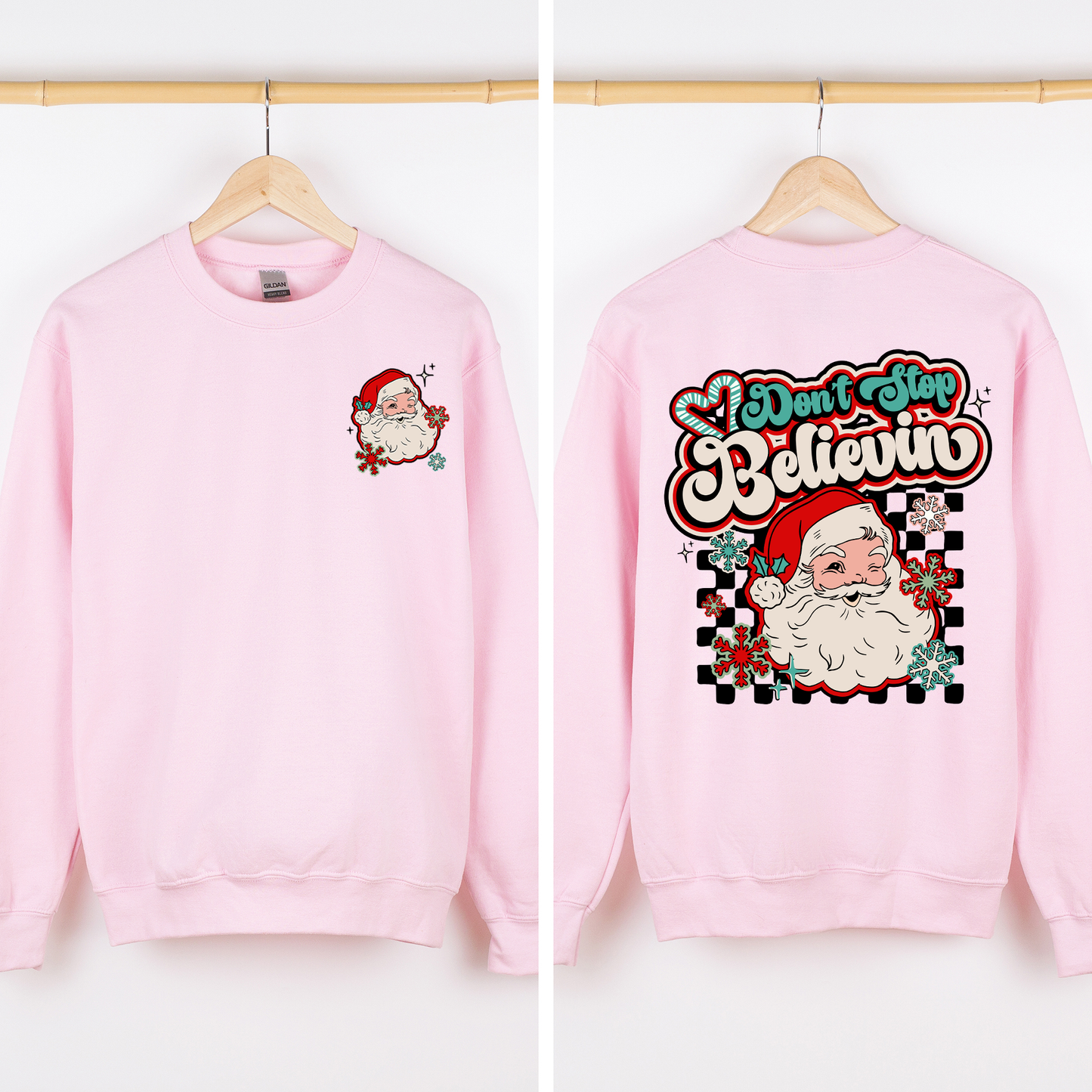 Light Pink Don't Stop Believin, Santa, Retro, Checkered, Christmas, Front and Back Sweatshirt