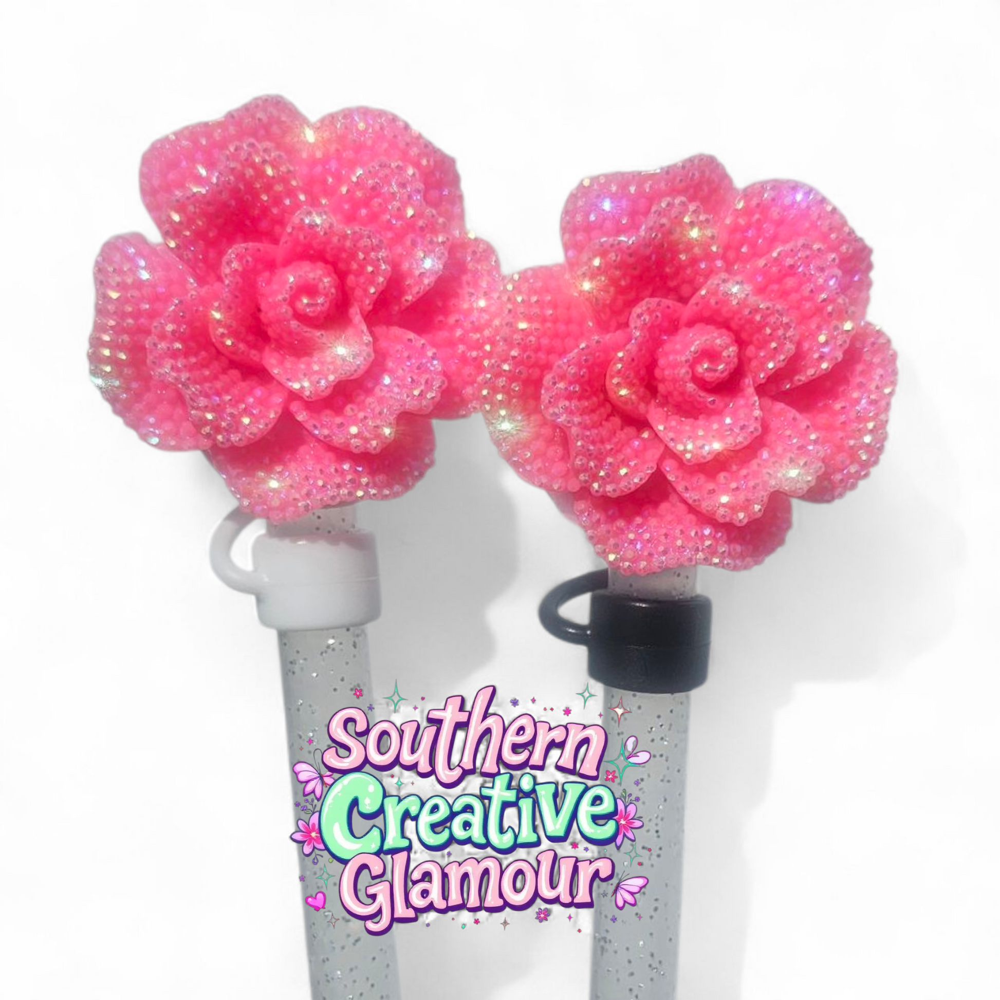 Malibu Pink Glitter Rose Silicone 10mm Straw Toppers | Straw Covers by Southern Creative Glamour 