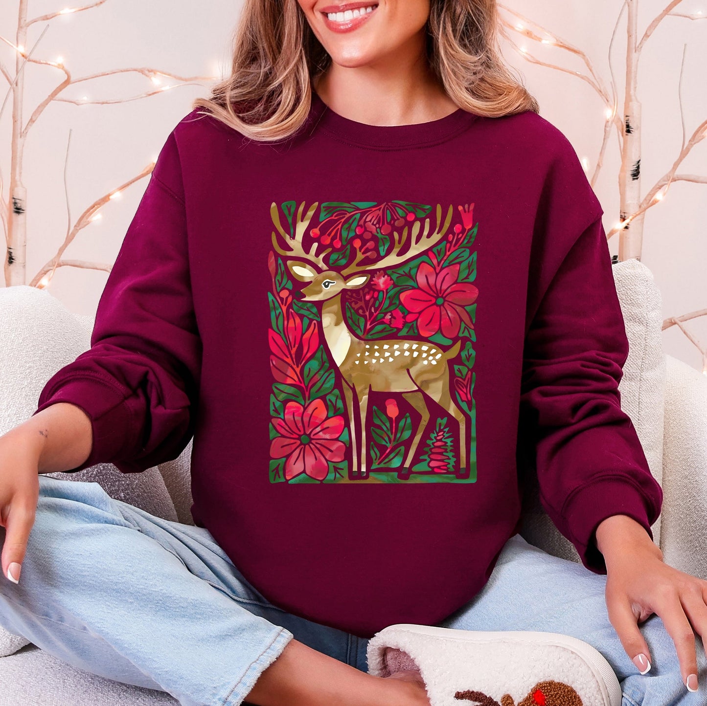 Maroon Christmas Deer, Colorful, Flowers, Santa, Snow Sweatshirt