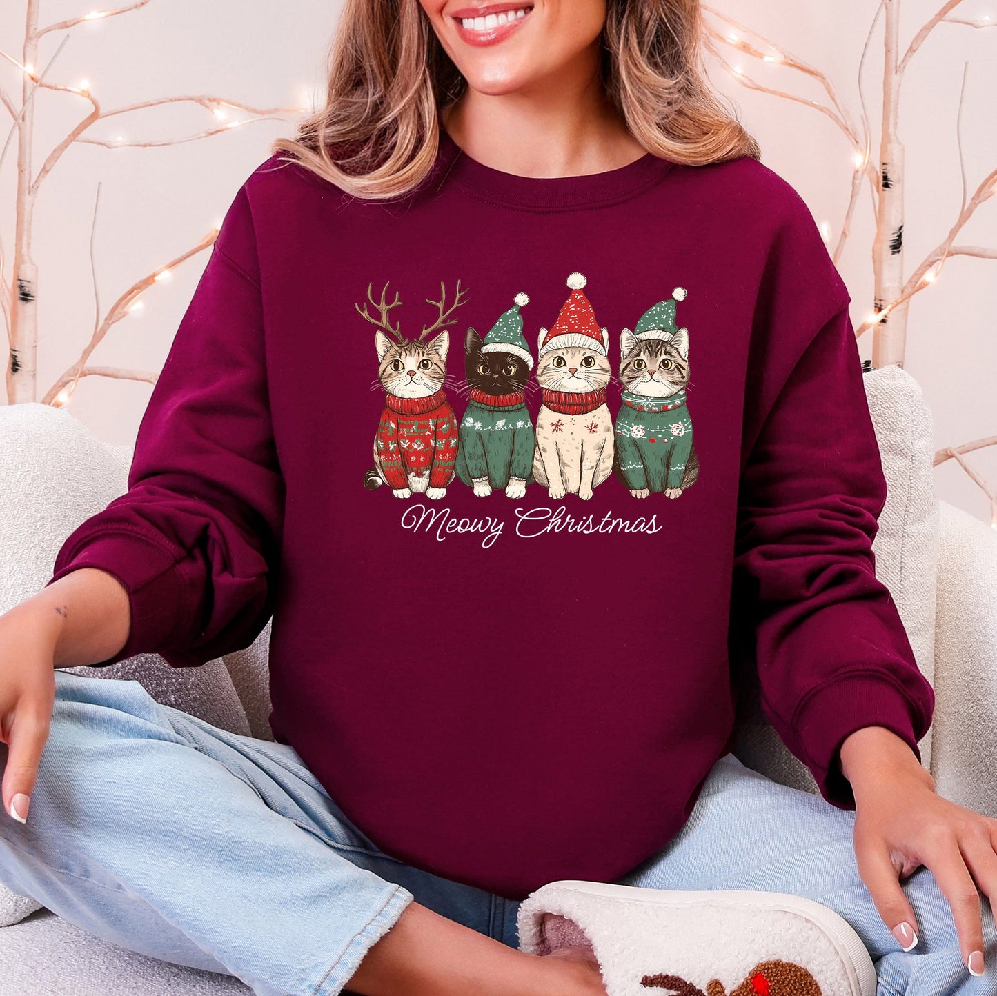 Maroon Meowy Christmas, Cats, Cute, Santa, Pets Sweatshirt