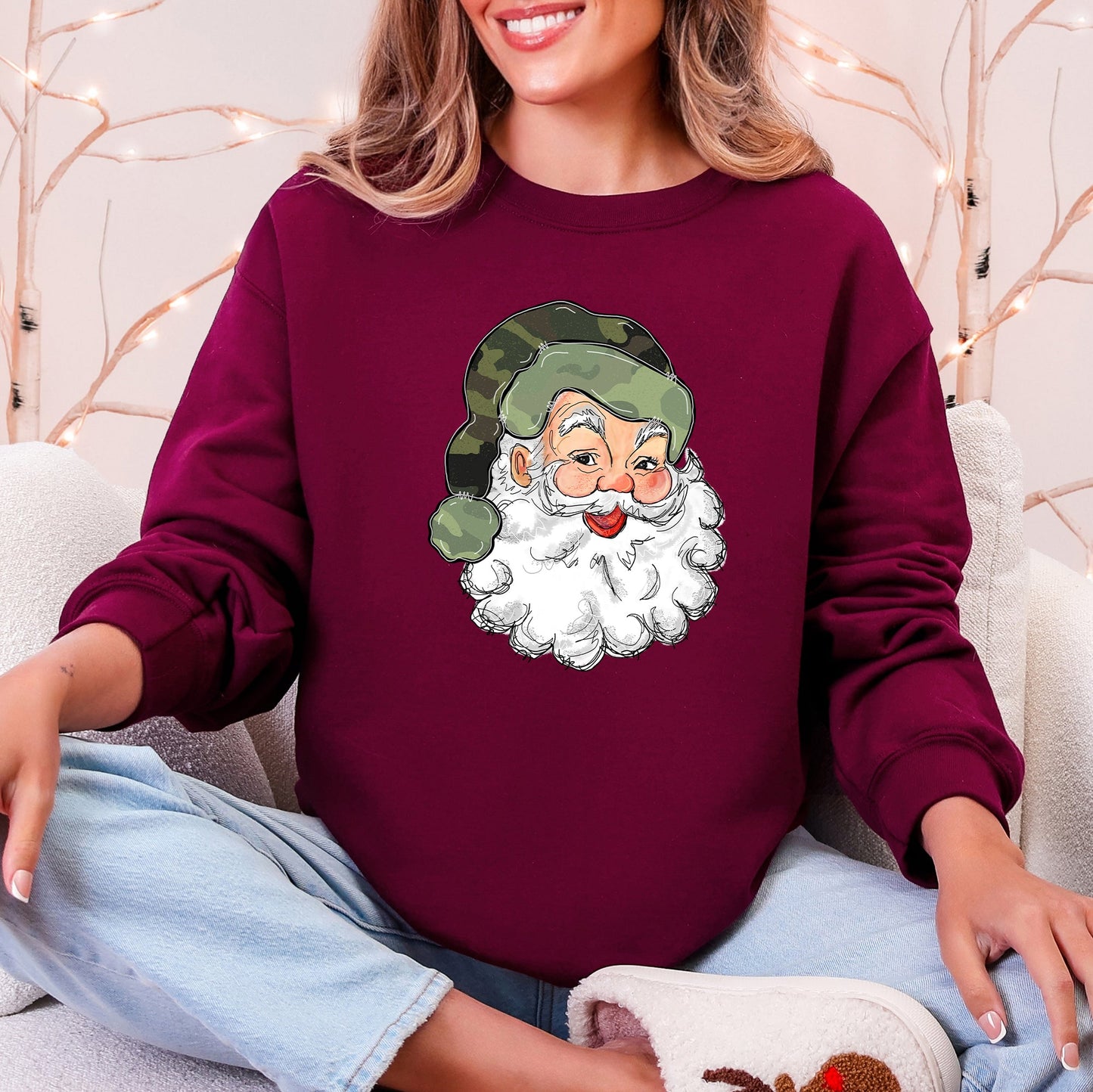 Maroon Retro Santa Christmas sweatshirt in cream with green camo hat — cute holiday graphic for winter or hunting lovers.