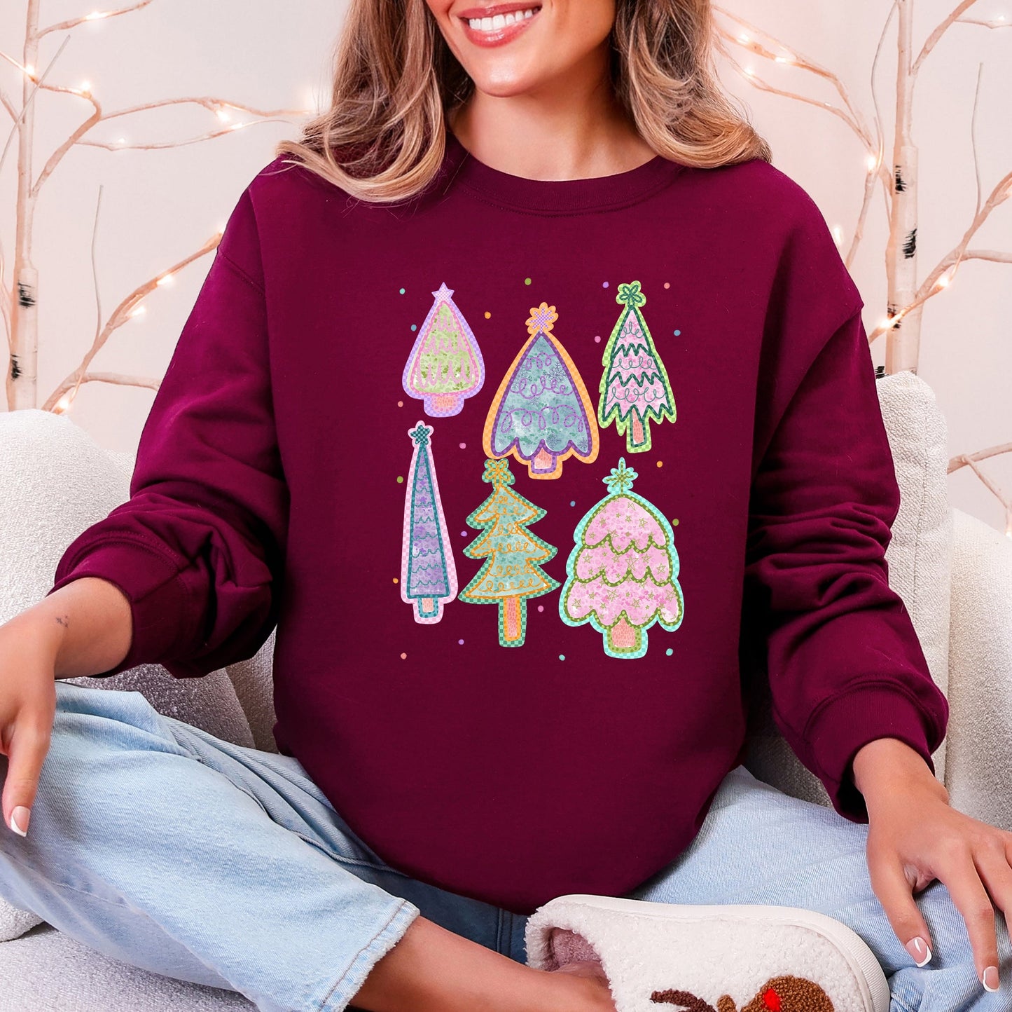 Maroon Colorful Christmas Tree, Pastels, Retro, Drawn Sweatshirt