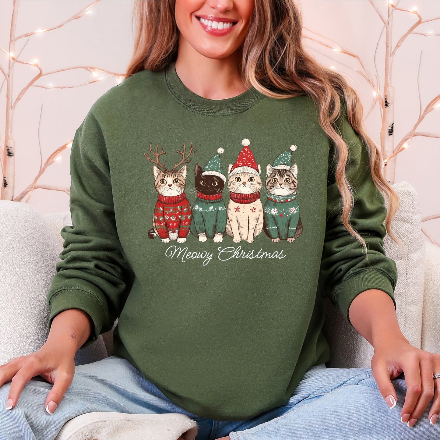 Military green Meowy Christmas, Cats, Cute, Santa, Pets Sweatshirt