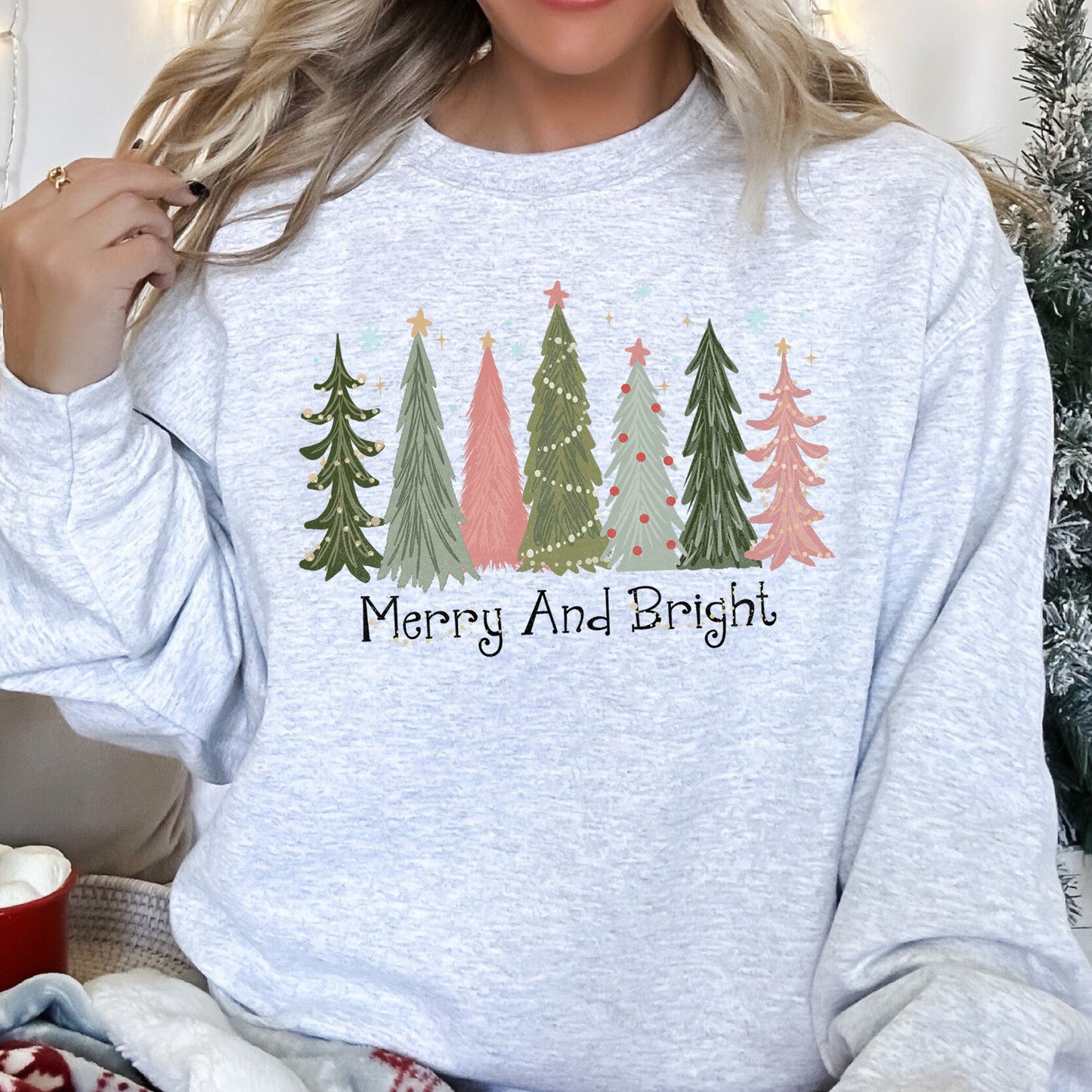 Ash Grey Merry and Bright Christmas Trees Sweatshirt