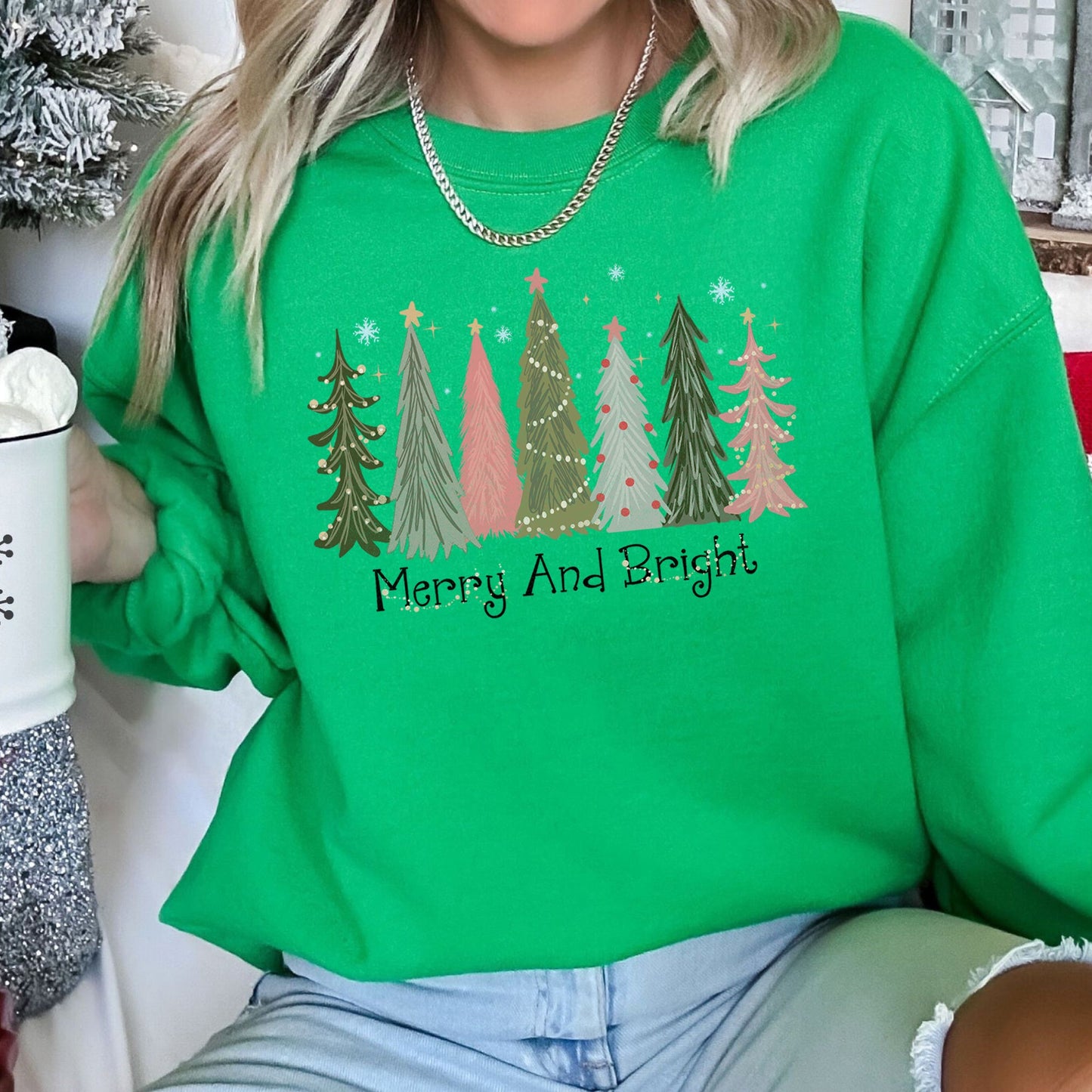Bright Green Merry and Bright Christmas Trees Sweatshirt