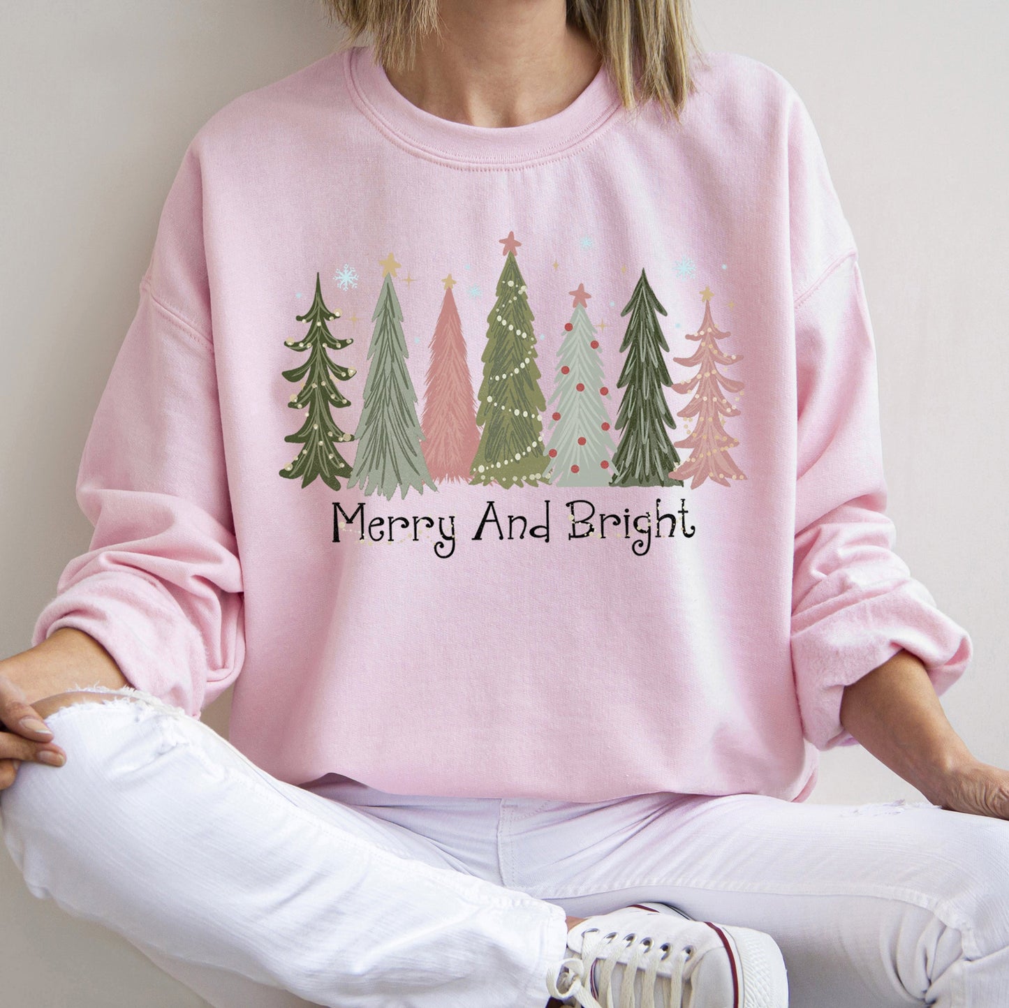 Light Pink Merry and Bright Christmas Trees Sweatshirt