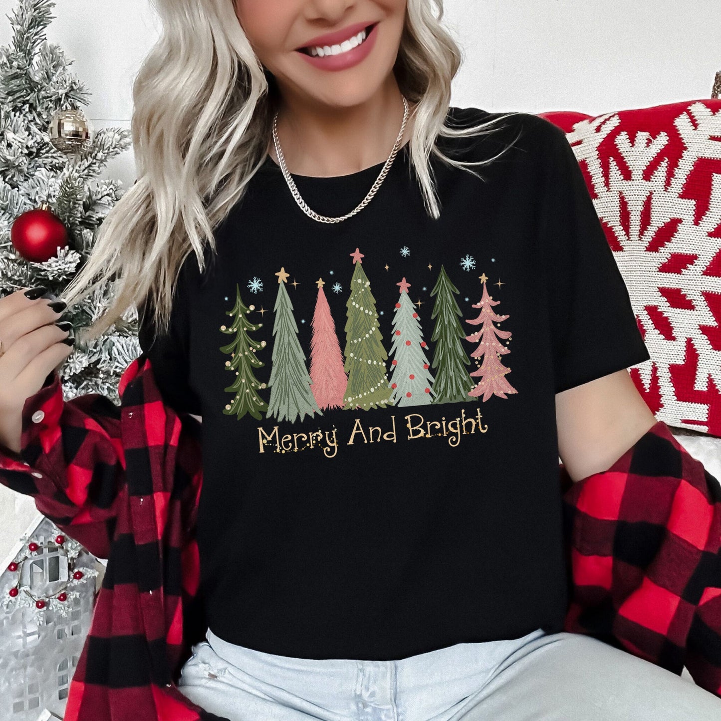 Black Merry and Bright Christmas Trees, Snowflakes, Stars, Decorations, Pinks, Greens, Super Soft Tees