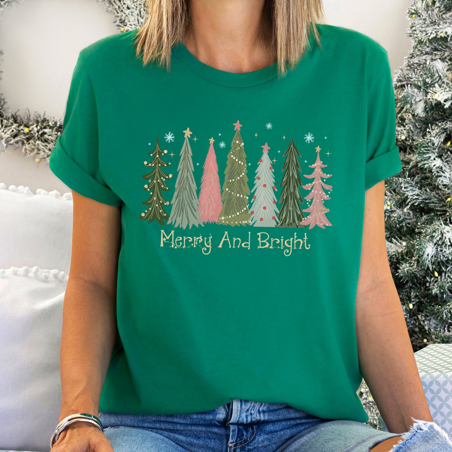 Bright Green Merry and Bright Christmas Trees, Snowflakes, Stars, Decorations, Pinks, Greens, Super Soft Tees