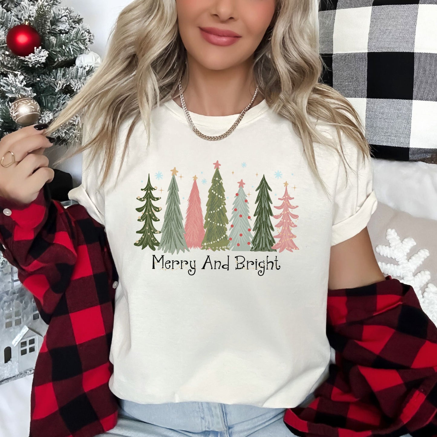 Creamy Sand Merry and Bright Christmas Trees, Snowflakes, Stars, Decorations, Pinks, Greens, Super Soft Tees