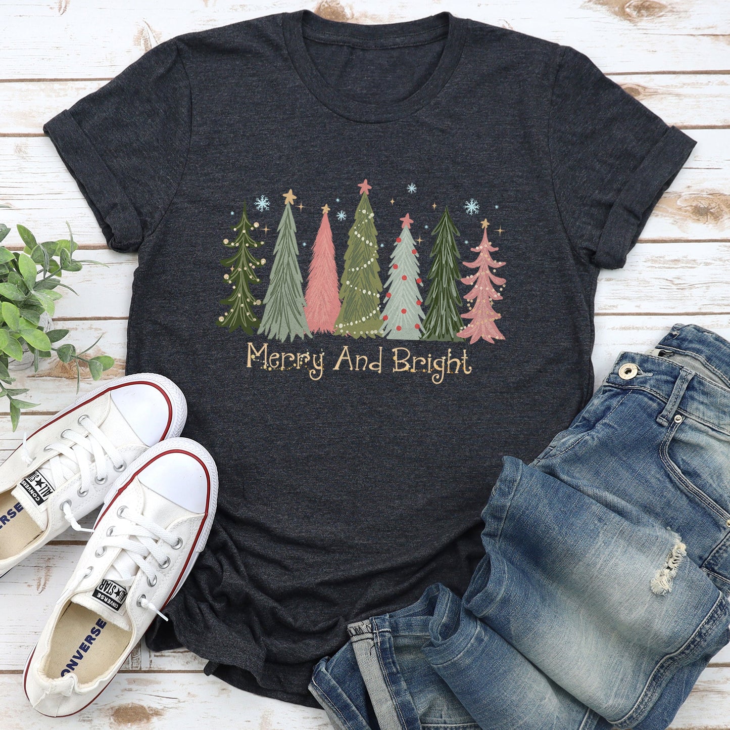 Dark Heather gray Merry and Bright Christmas Trees, Snowflakes, Stars, Decorations, Pinks, Greens, Super Soft Tees