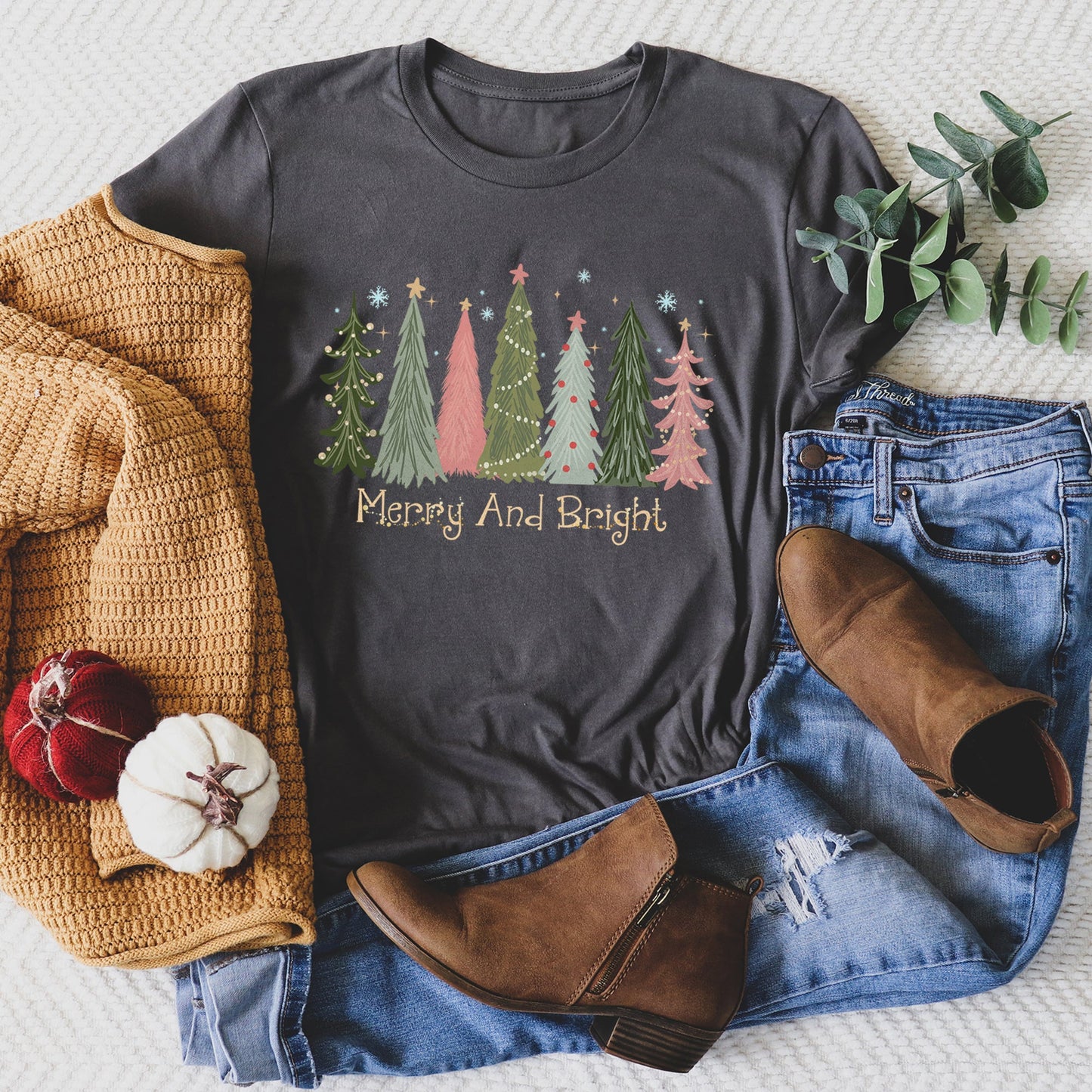 Heather Gray Merry and Bright Christmas Trees, Snowflakes, Stars, Decorations, Pinks, Greens, Super Soft Tees