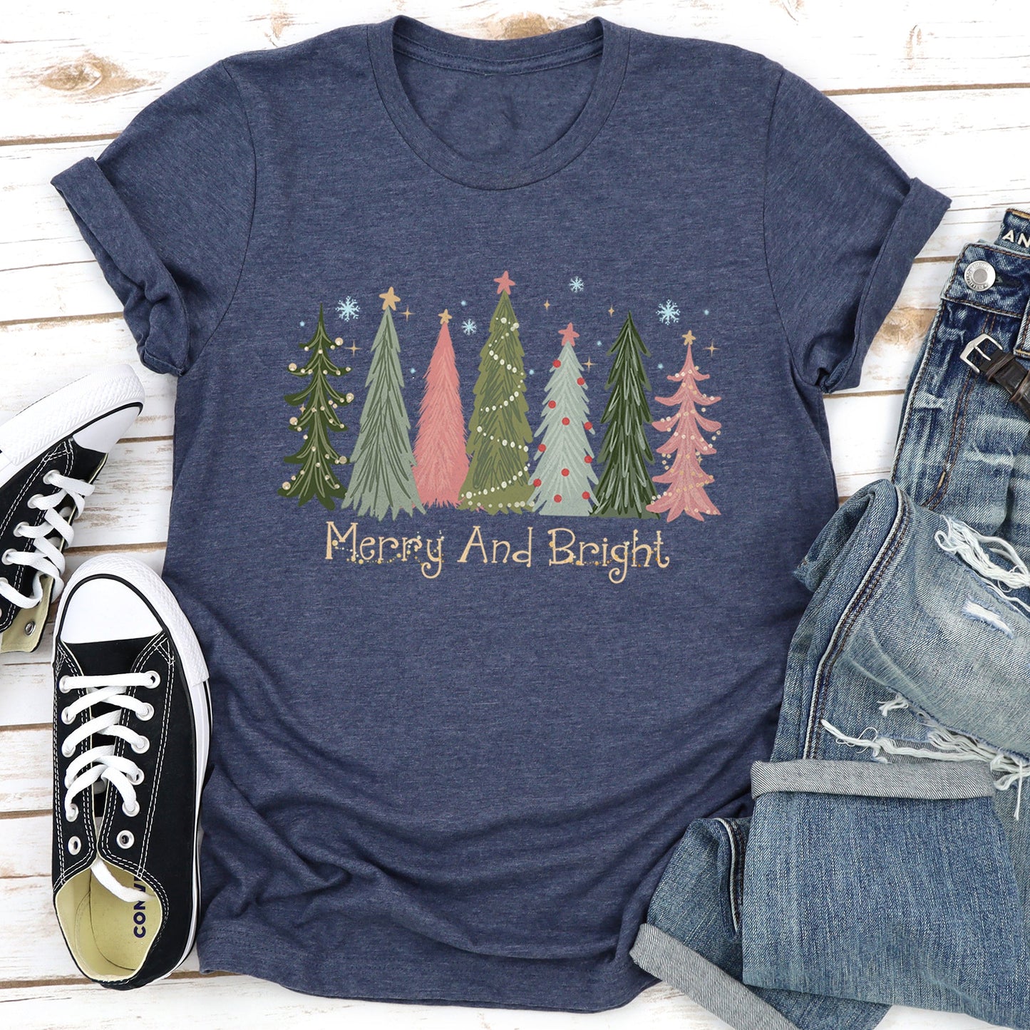Heather Navy Blue Merry and Bright Christmas Trees, Snowflakes, Stars, Decorations, Pinks, Greens, Super Soft Tees