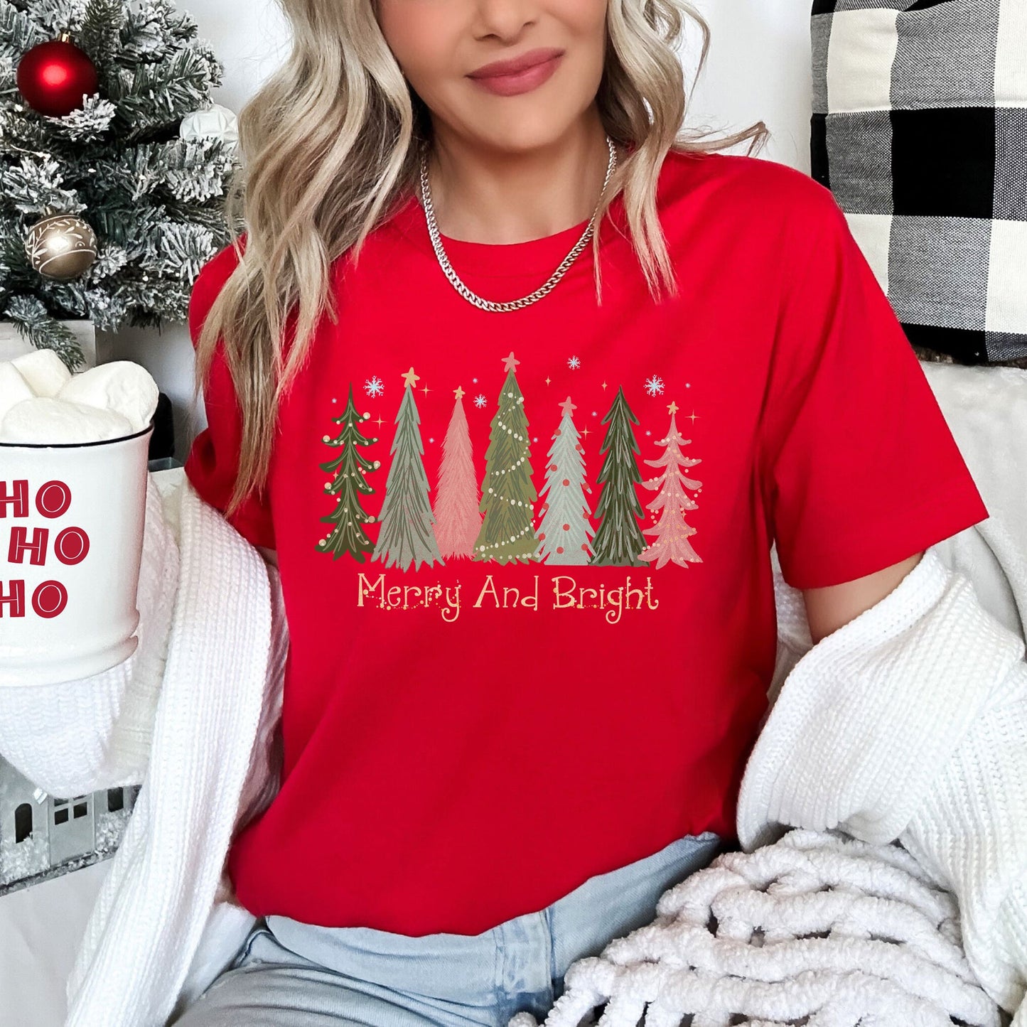 Red Merry and Bright Christmas Trees, Snowflakes, Stars, Decorations, Pinks, Greens, Super Soft Tees