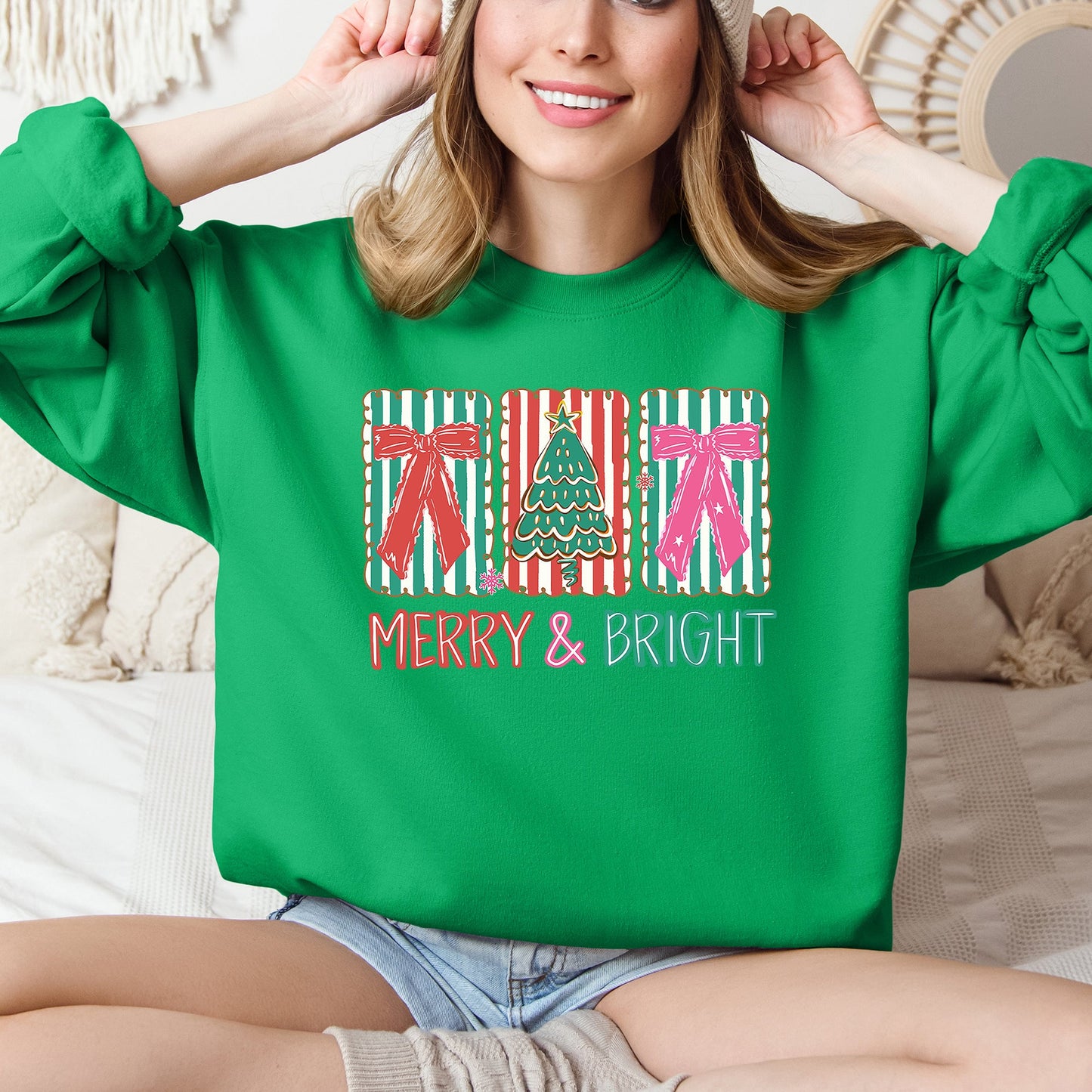 Bright Green Merry and Bright, Pattern Blocks, Christmas Tree, Ribbon, Bows, Santa Sweatshirt
