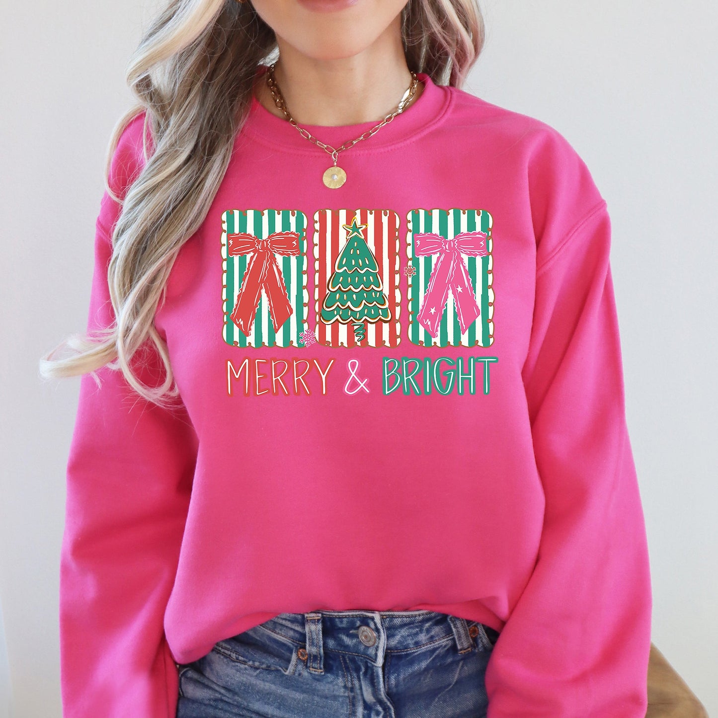 Bright Pink Merry and Bright, Pattern Blocks, Christmas Tree, Ribbon, Bows, Santa Sweatshirt