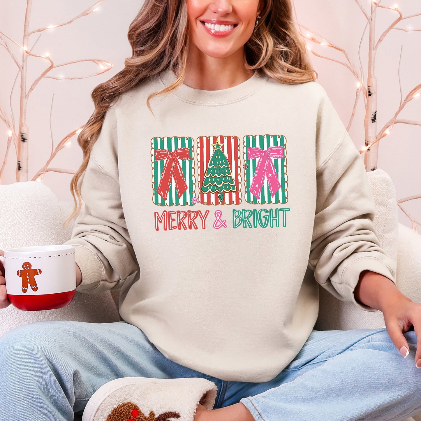 Sand Merry and Bright, Pattern Blocks, Christmas Tree, Ribbon, Bows, Santa Sweatshirt