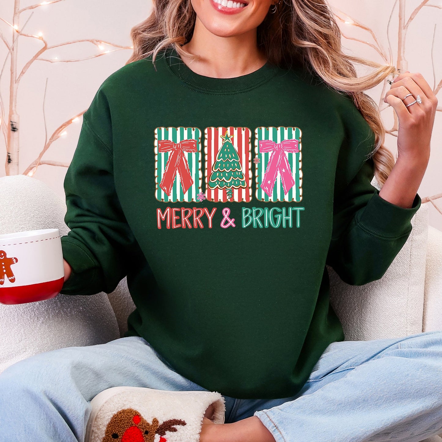 Dark forest green Merry and Bright, Pattern Blocks, Christmas Tree, Ribbon, Bows, Santa Sweatshirt
