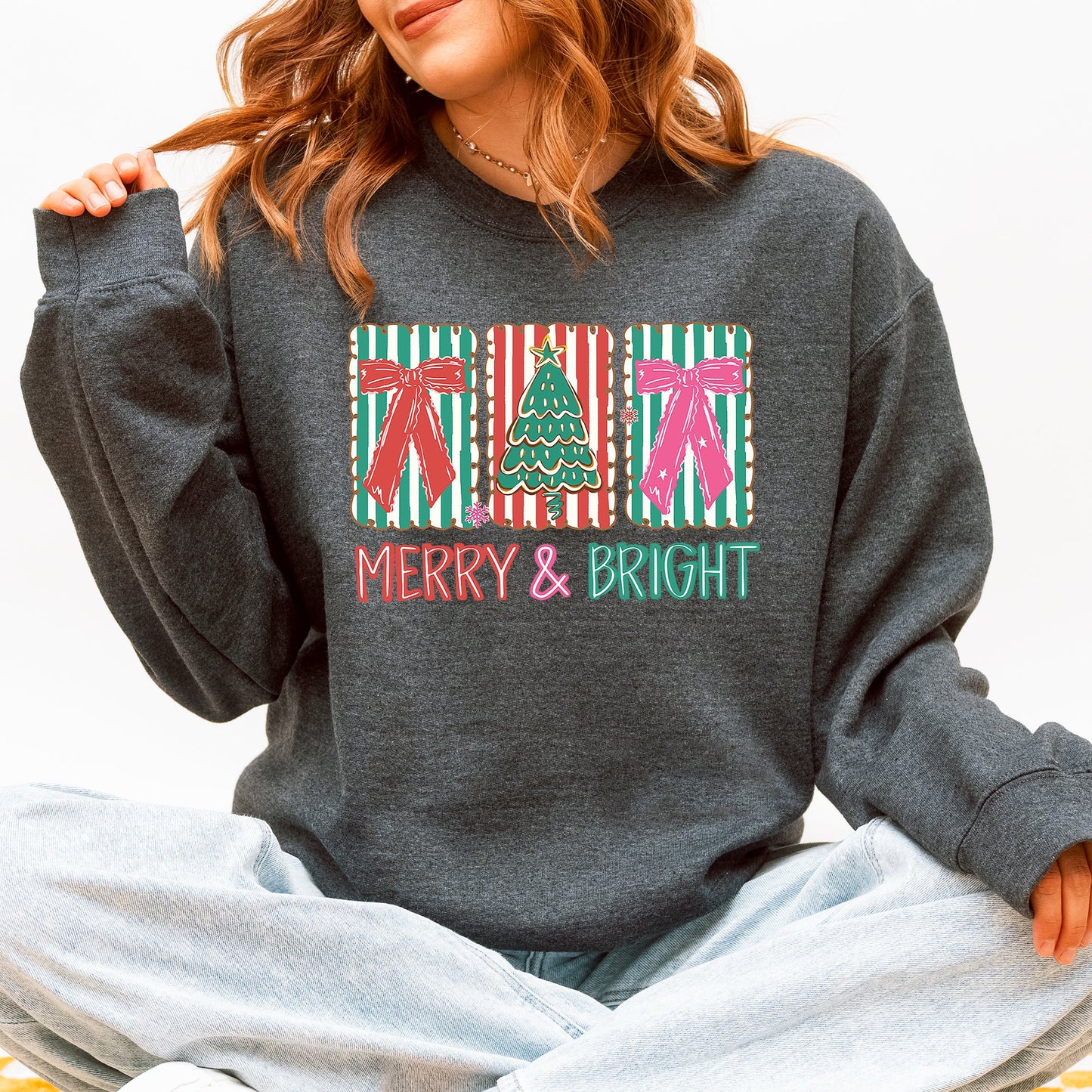 Dark Heather gray Merry and Bright, Pattern Blocks, Christmas Tree, Ribbon, Bows, Santa Sweatshirt