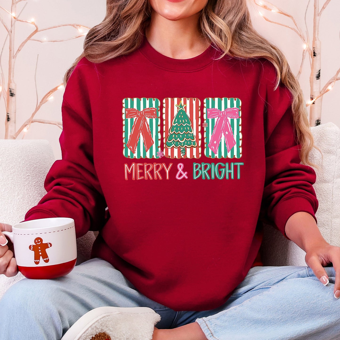 Garnet Red Merry and Bright, Pattern Blocks, Christmas Tree, Ribbon, Bows, Santa Sweatshirt