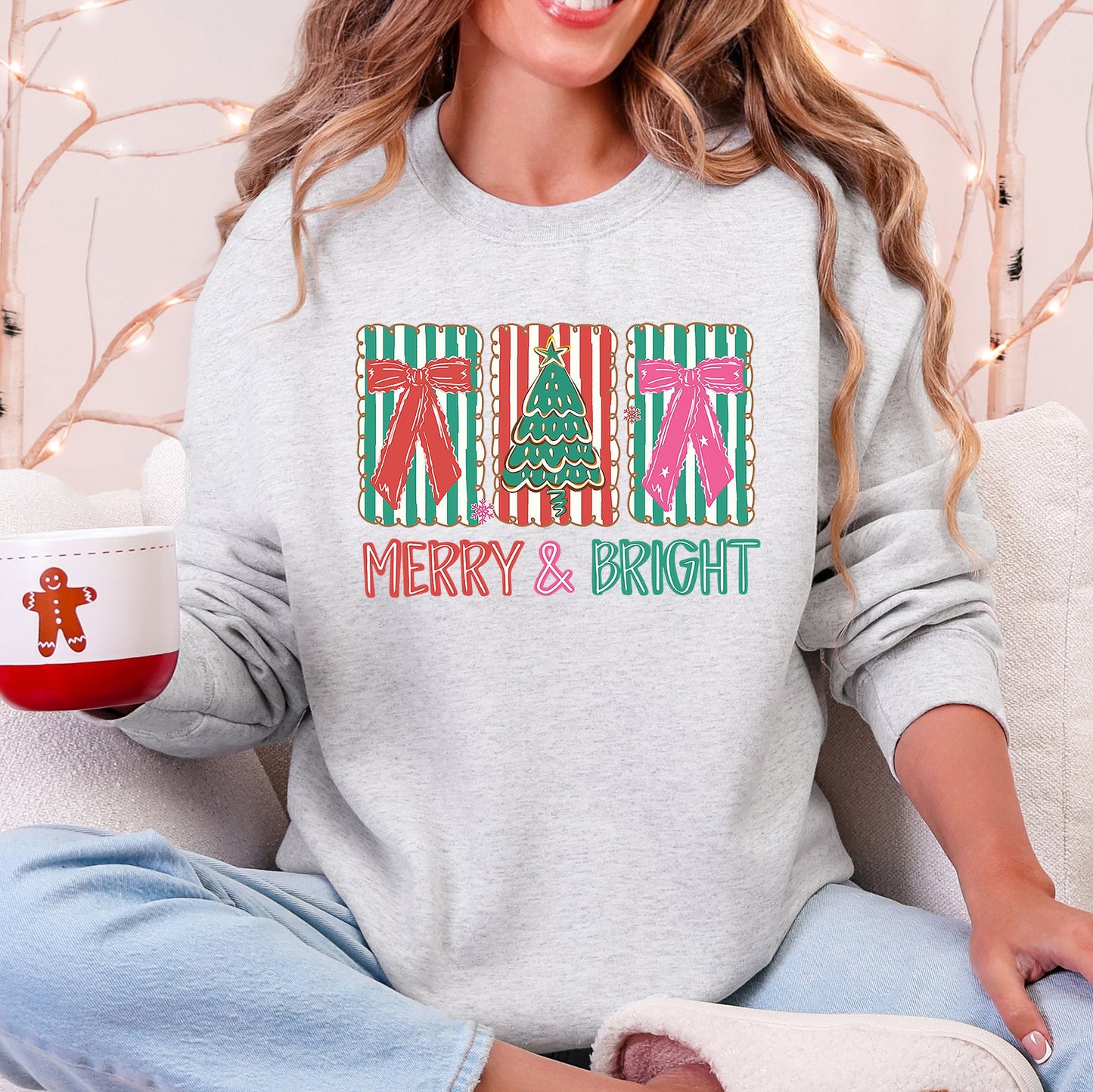 Light Ash Gray Merry and Bright, Pattern Blocks, Christmas Tree, Ribbon, Bows, Santa Sweatshirt