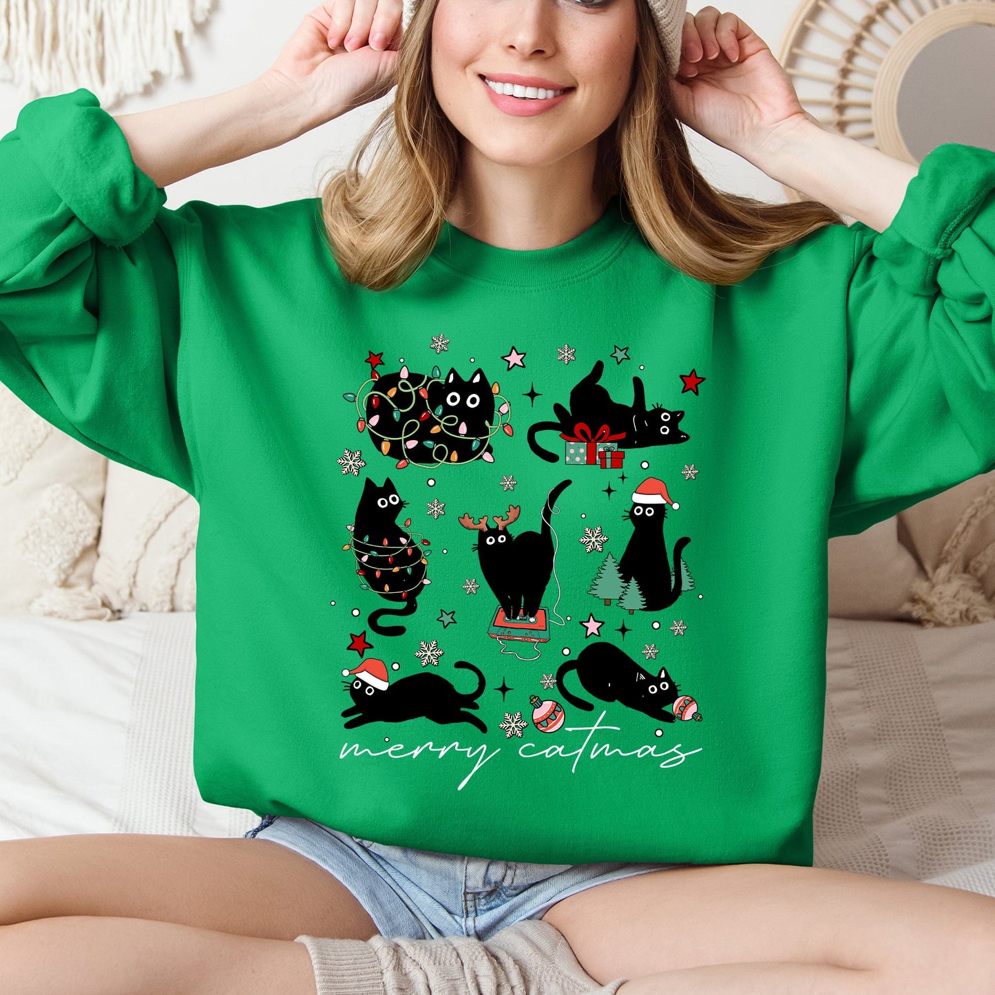 Bright Green Merry Catmas, Christmas, Cat Lover, Santa, Pets Sweatshirt