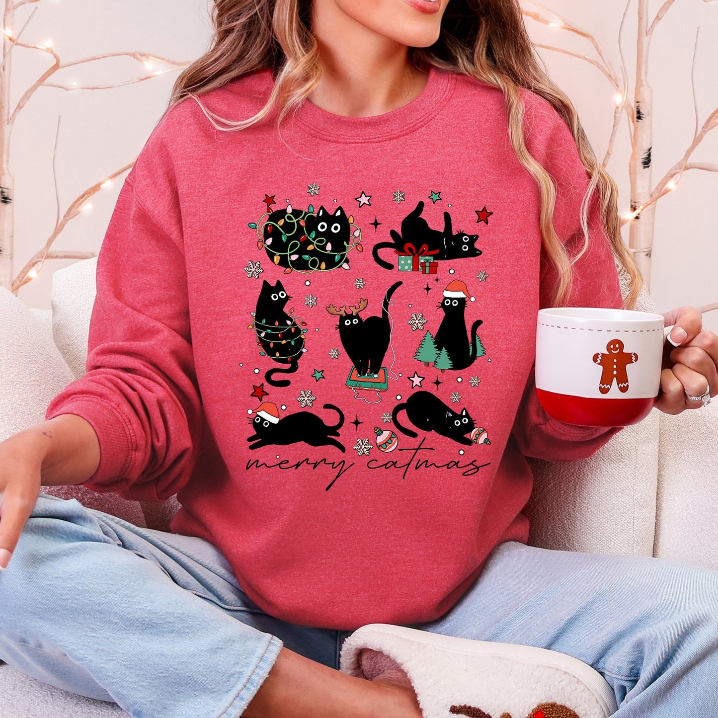 Heather Red Merry Catmas, Christmas, Cat Lover, Santa, Pets Sweatshirt