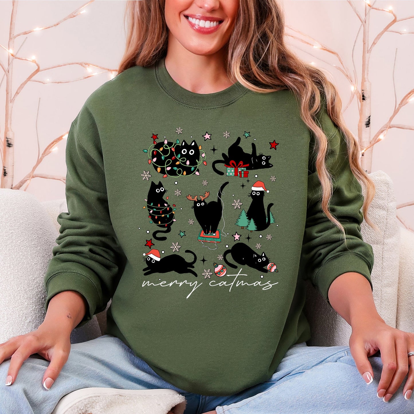 Military green Merry Catmas, Christmas, Cat Lover, Santa, Pets Sweatshirt