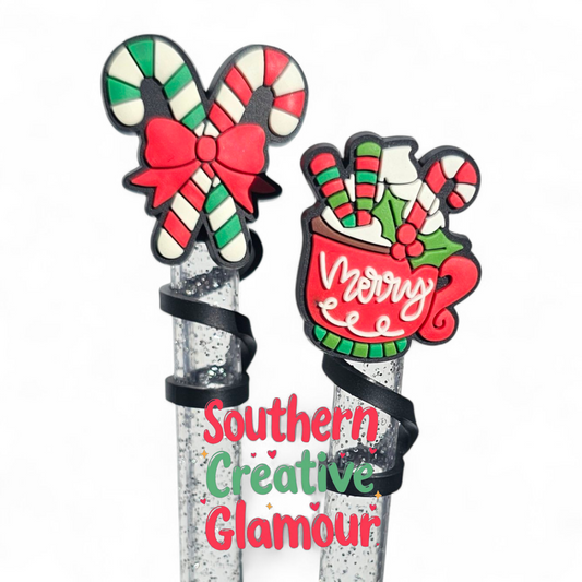 Merry Christmas Candy Canes and Hot Coco 10mm Silicone Straw Toppers | Festive Straw Covers by Creative Glamour 