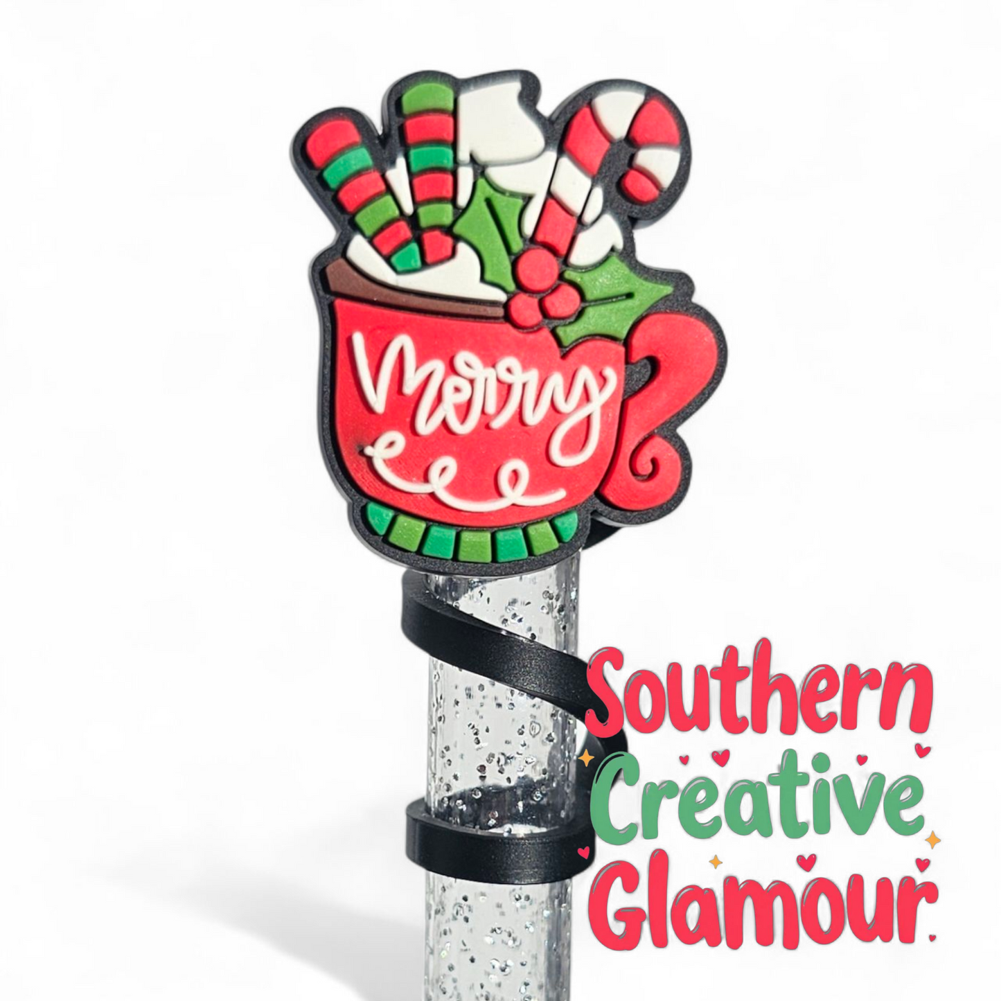 Merry Christmas Hot Cocoa 10mm Silicone Straw Toppers | Festive Straw Covers by Creative Glamour 