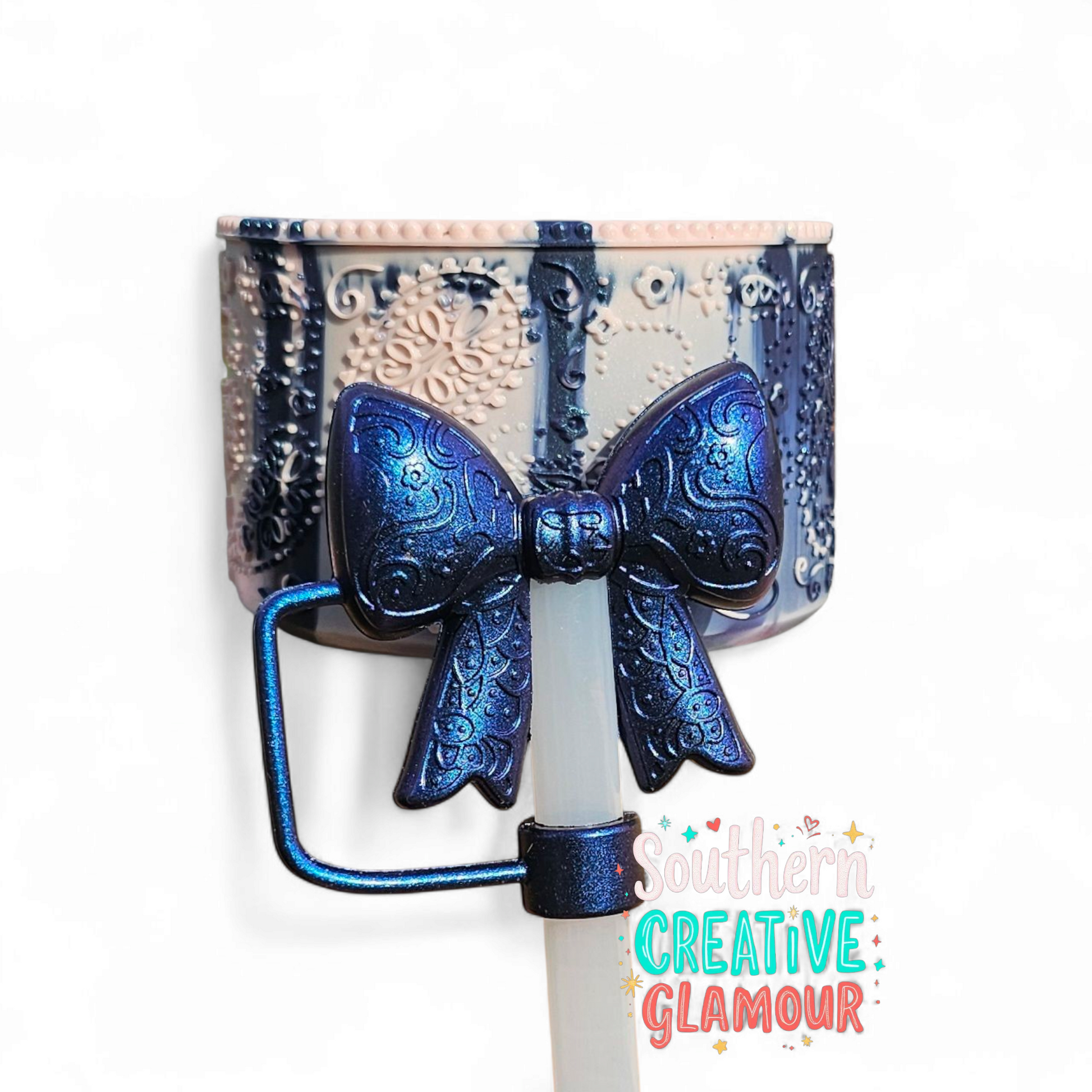 Metallic Pink Dusk Shimmer Paisley Textured 3D Silicone Tumbler Boot and Matching Metallic Blue Bow Silicone 10mm Straw Topper by Southern Creative Glamour 