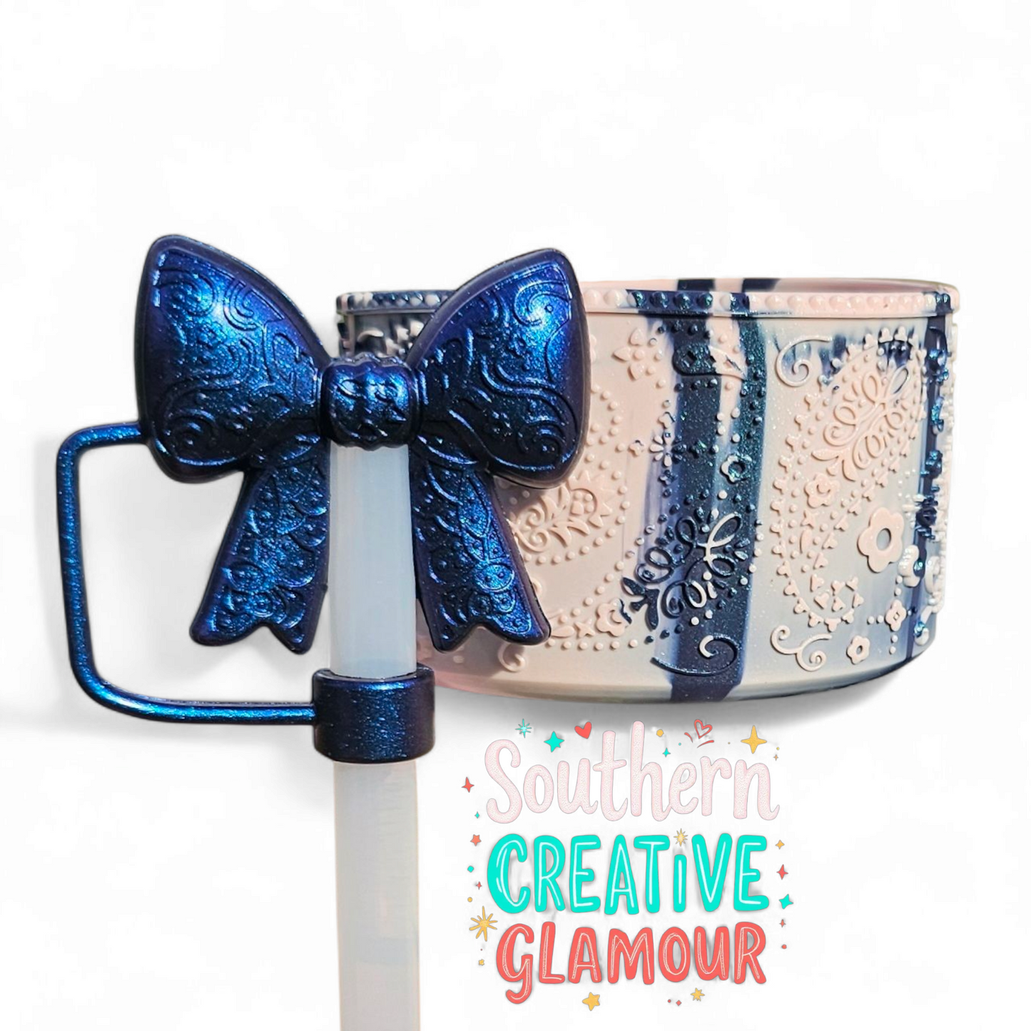 Metallic Pink Dusk Shimmer Paisley Textured 3D Silicone Tumbler Boot and Matching Metallic Blue Bow Silicone 10mm Straw Topper by Southern Creative Glamour 
