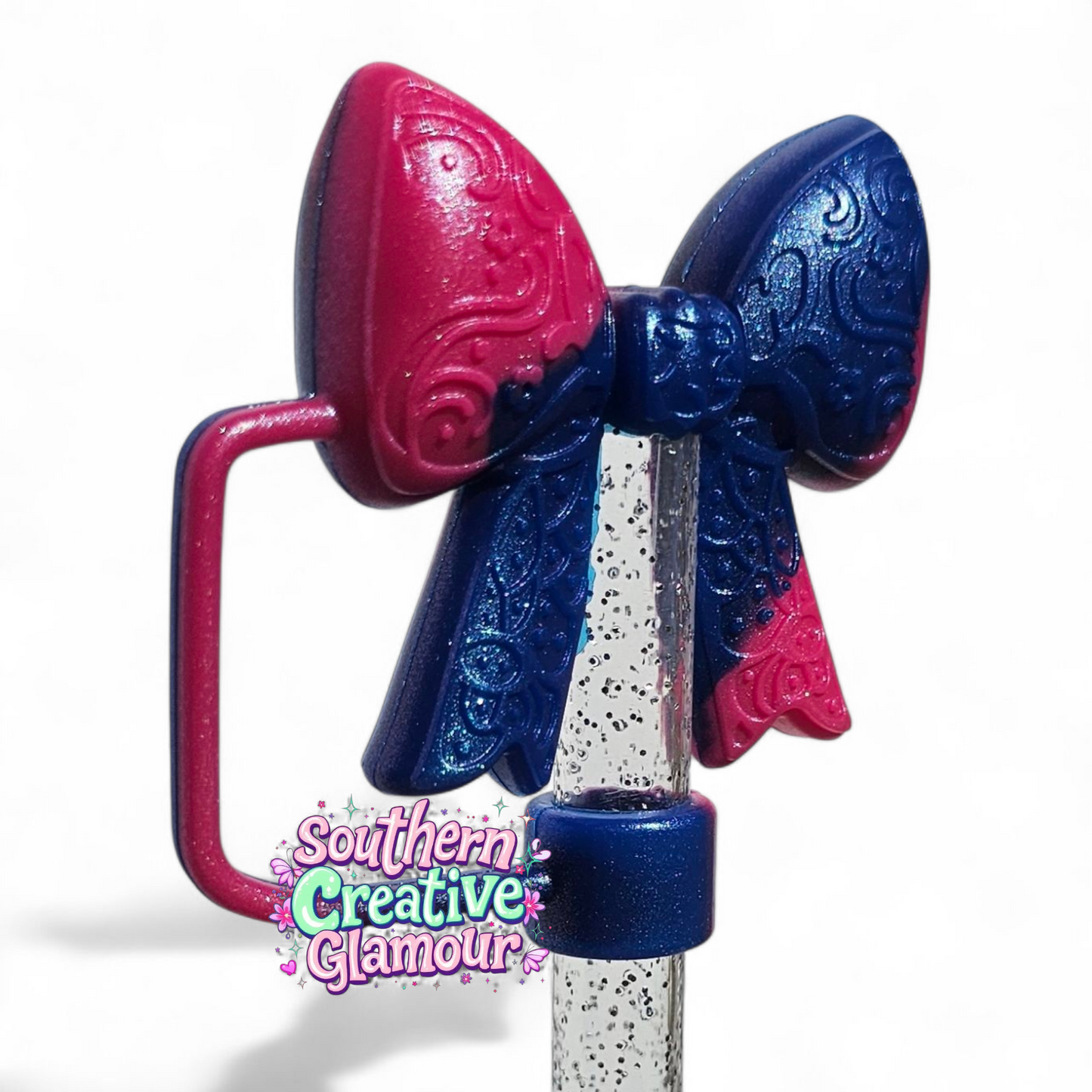 Berry Truffle Pink Shimmer Paisley 3D Bow Silicone 10mm Straw Topper | Straw Cover by Southern Creative Glamour 