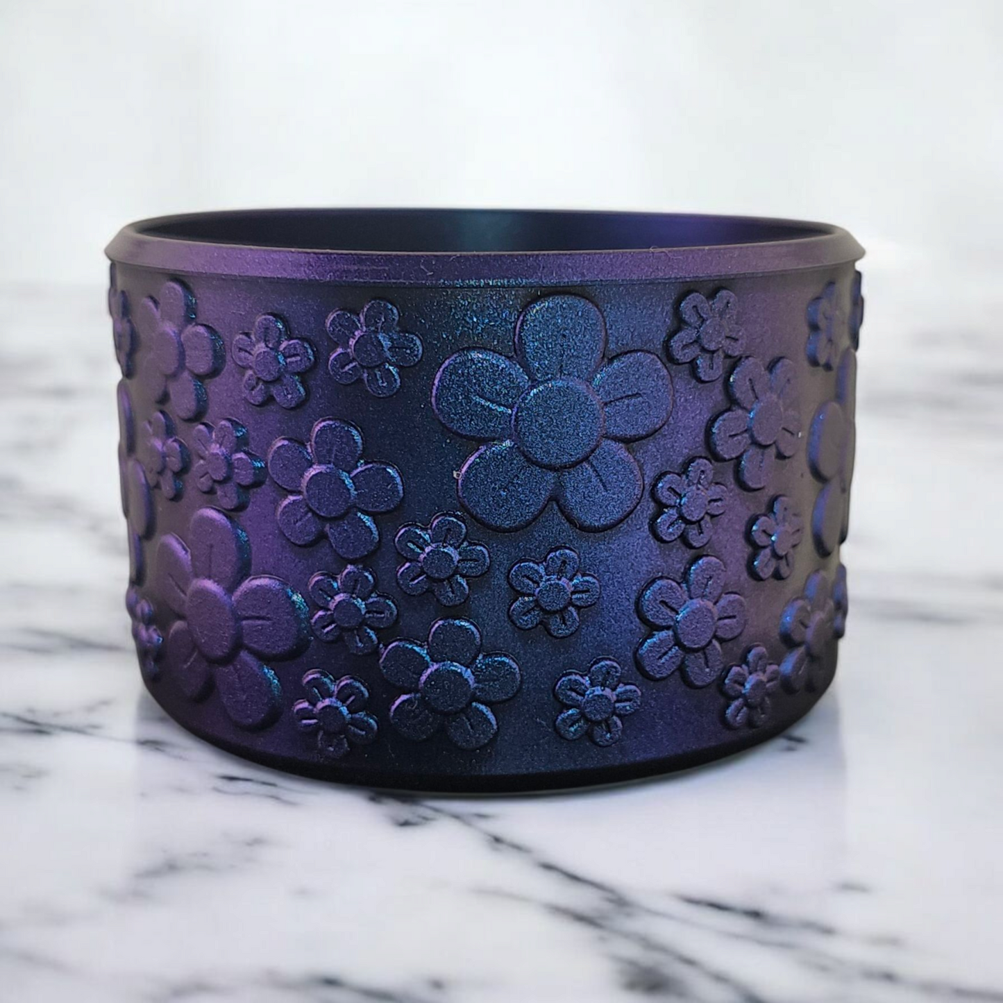 Different lighting: Chameleon Shimmer Blue  | Blue Chroma Shimmer Flower Textured Silicone Tumbler Boot. Fits 32oz-40oz Tumblers. Will fit 30oz Stanley. 
