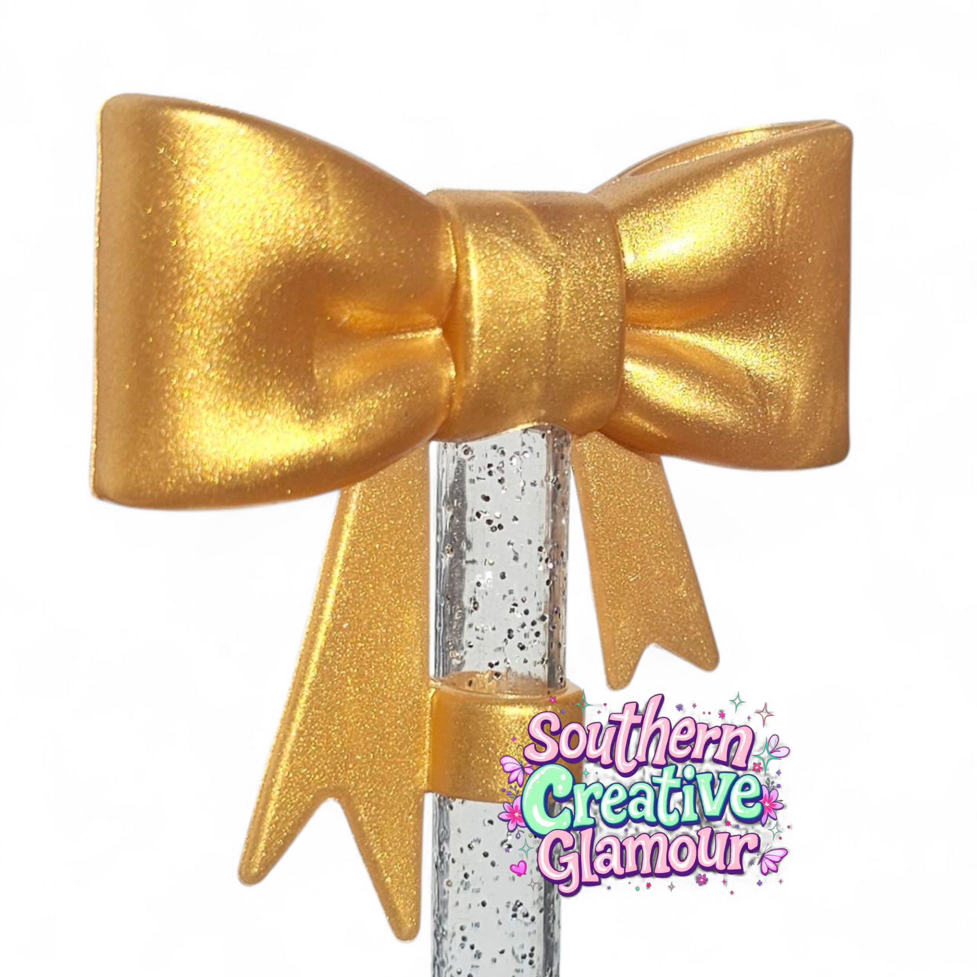 Metallic Gold Shimmer 3D Bow 10mm Silicone Straw Topper by Southern Creative Glamour 