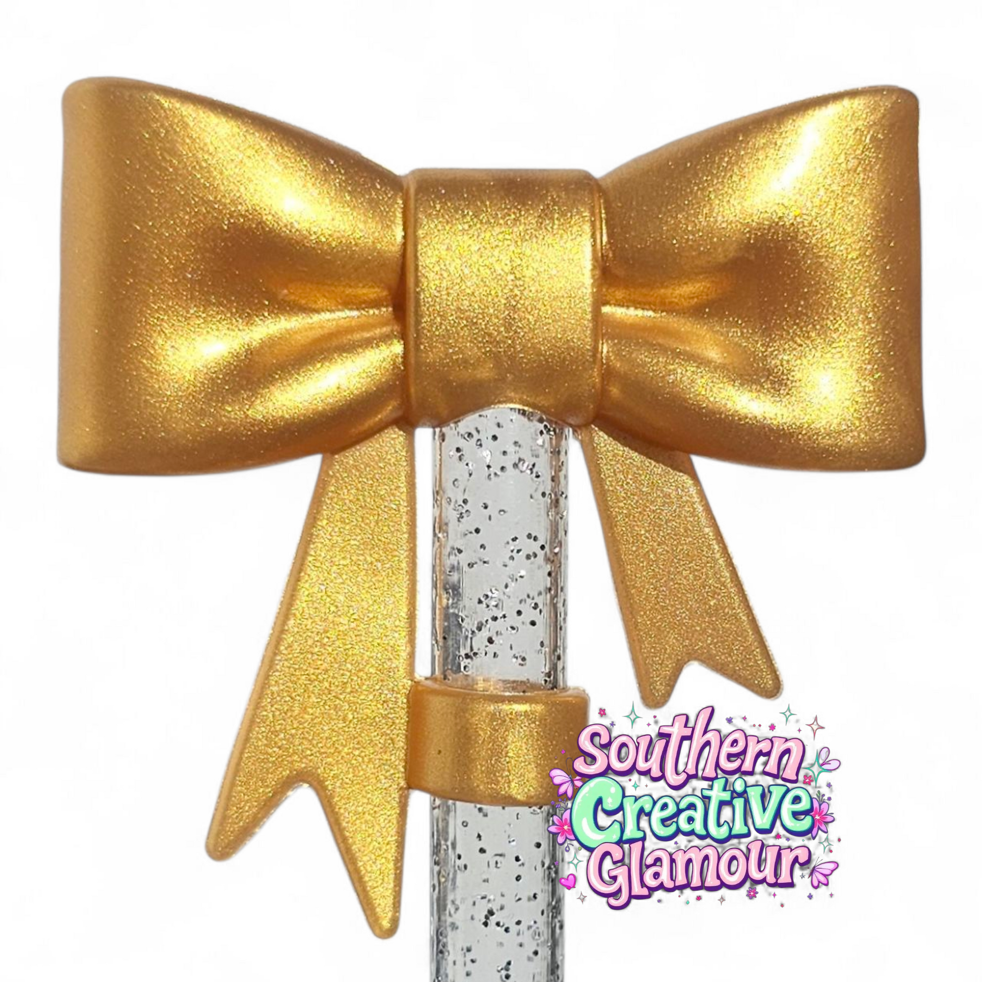 Metallic Gold Shimmer 3D Bow 10mm Silicone Straw Topper by Southern Creative Glamour 