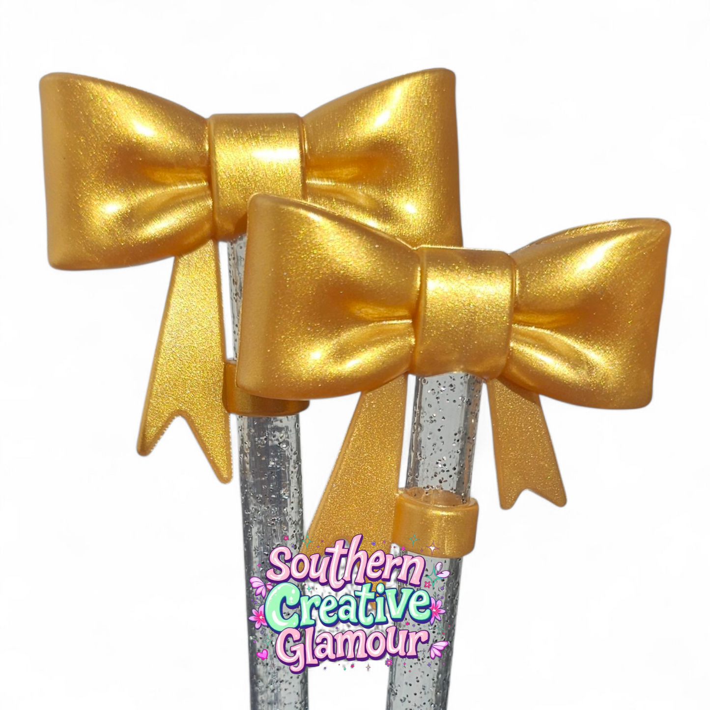 Metallic Gold Shimmer 3D Bow 10mm Silicone Straw Topper by Southern Creative Glamour 