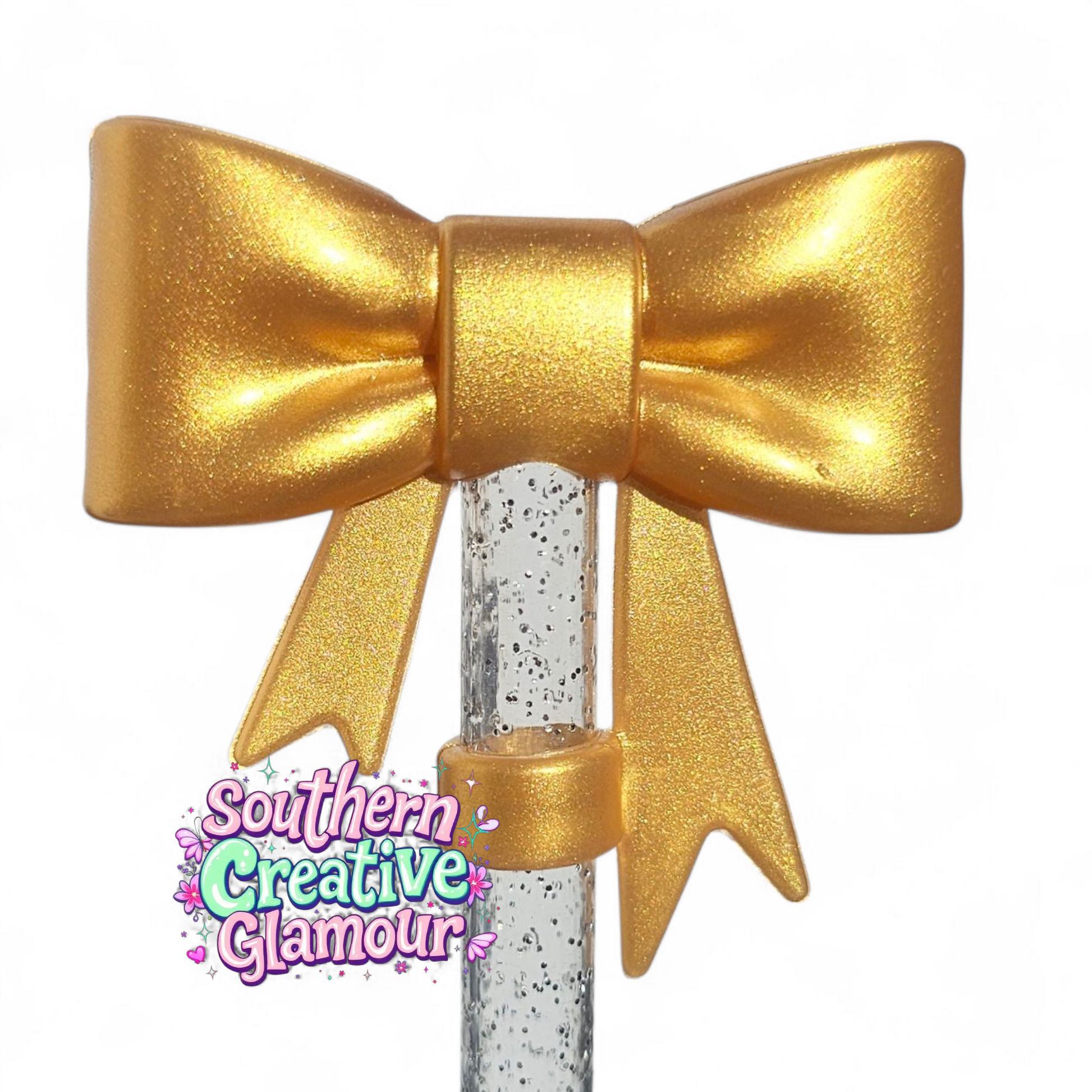 Metallic Gold Shimmer 3D Bow 10mm Silicone Straw Topper by Southern Creative Glamour 