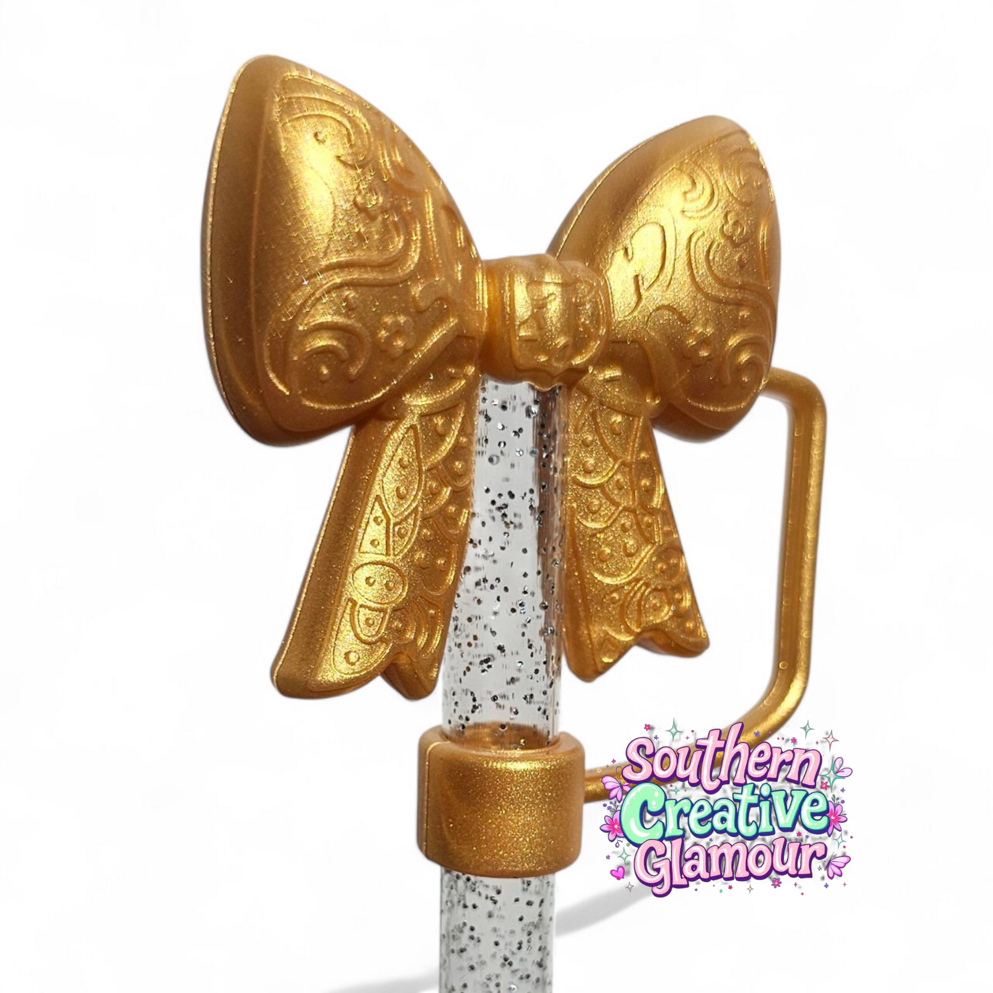 Gold Shimmer Paisley 3D Bow Silicone 10mm Straw Topper | Straw Cover by Southern Creative Glamour 