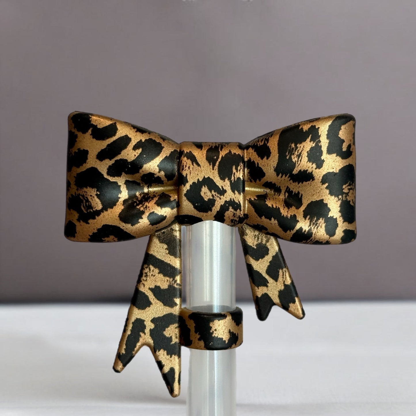 Metallic Leopard 3D Bow Silicone Straw Topper | Fits 10mm Straws