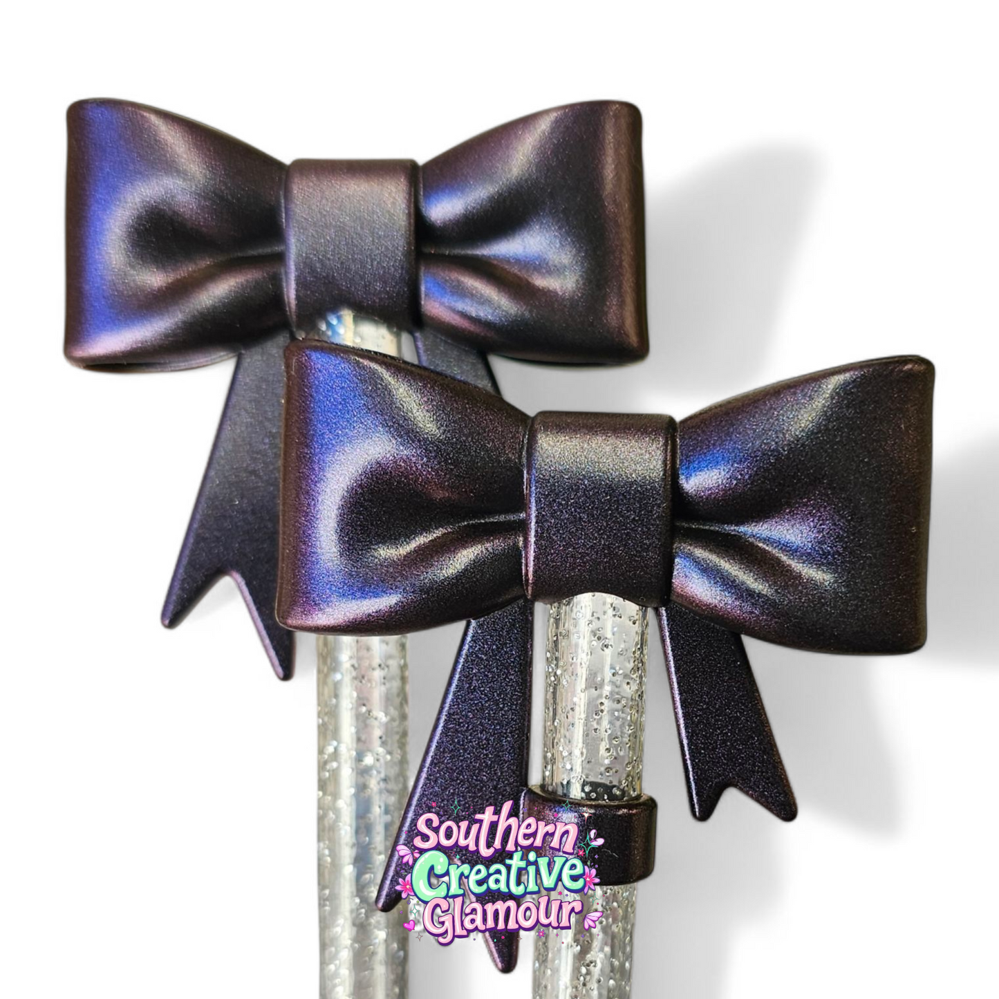 Metallic Purple Shimmer 3D Bow 10mm Silicone Straw Topper by Southern Creative Glamour 