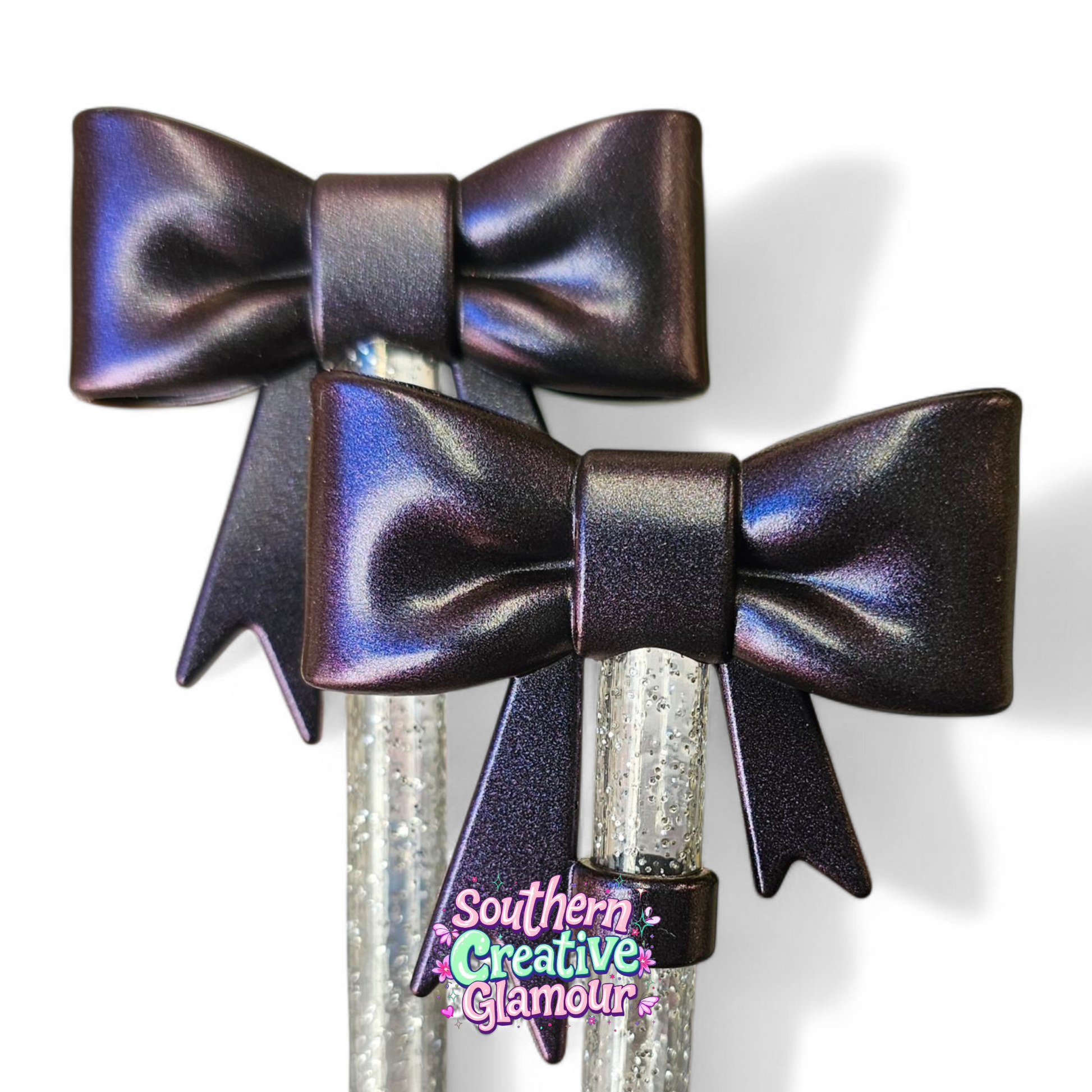 Metallic Purple Shimmer 3D Bow 10mm Silicone Straw Topper by Southern Creative Glamour 