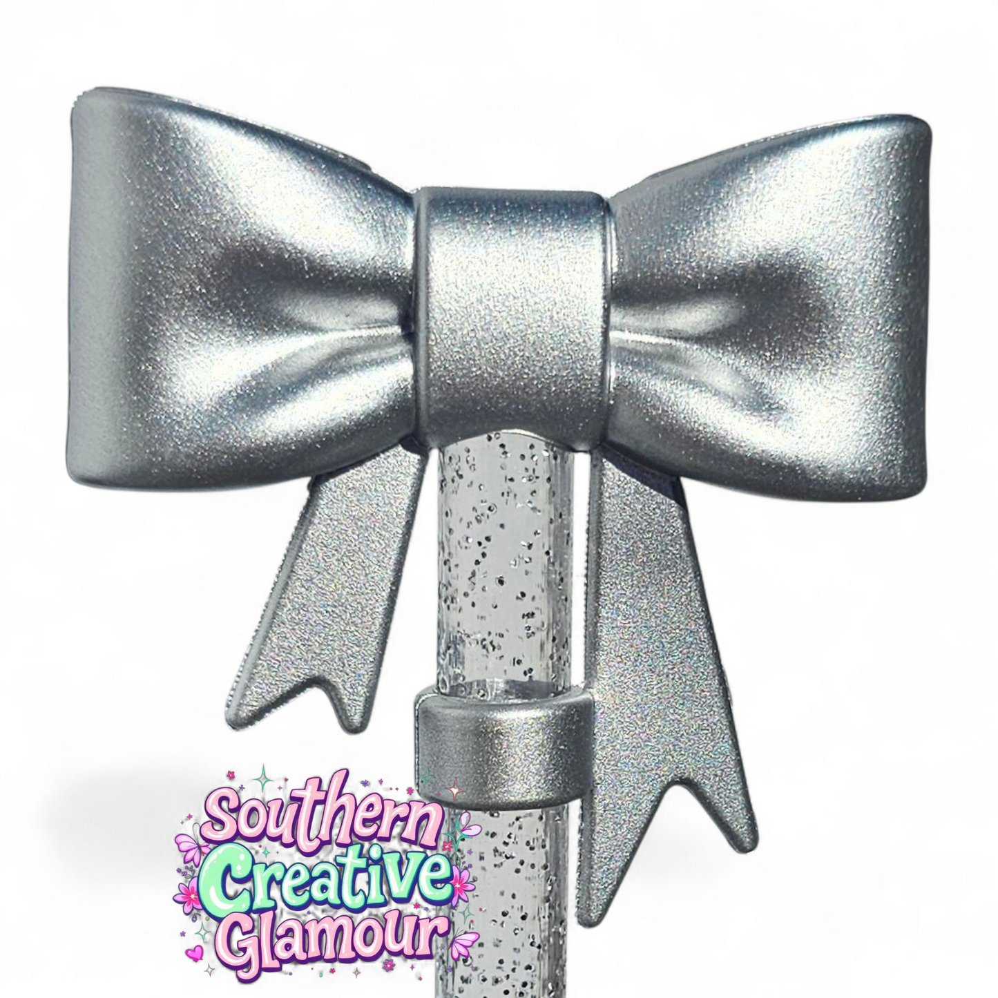 Metallic Silver Shimmer 3D Bow Silicone 10mm Straw Topper by Southern