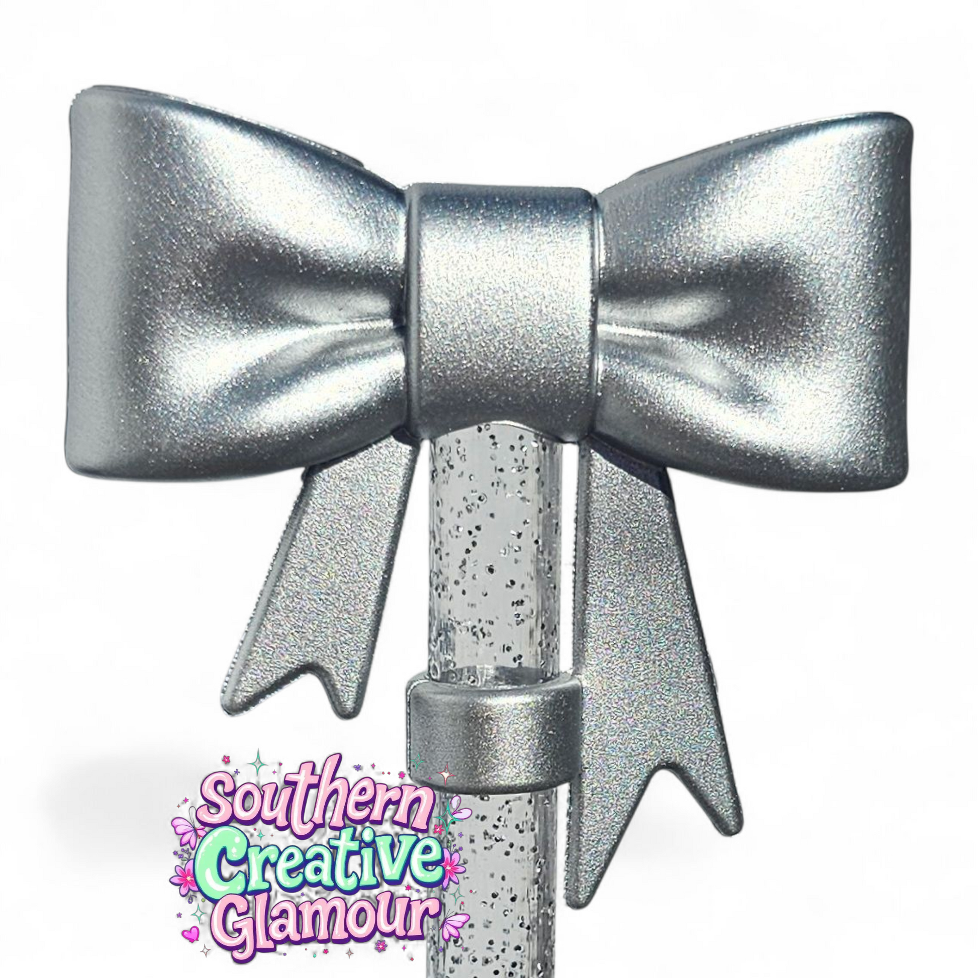 Metallic Silver Shimmer 3D Bow Silicone 10mm Straw Topper by Southern